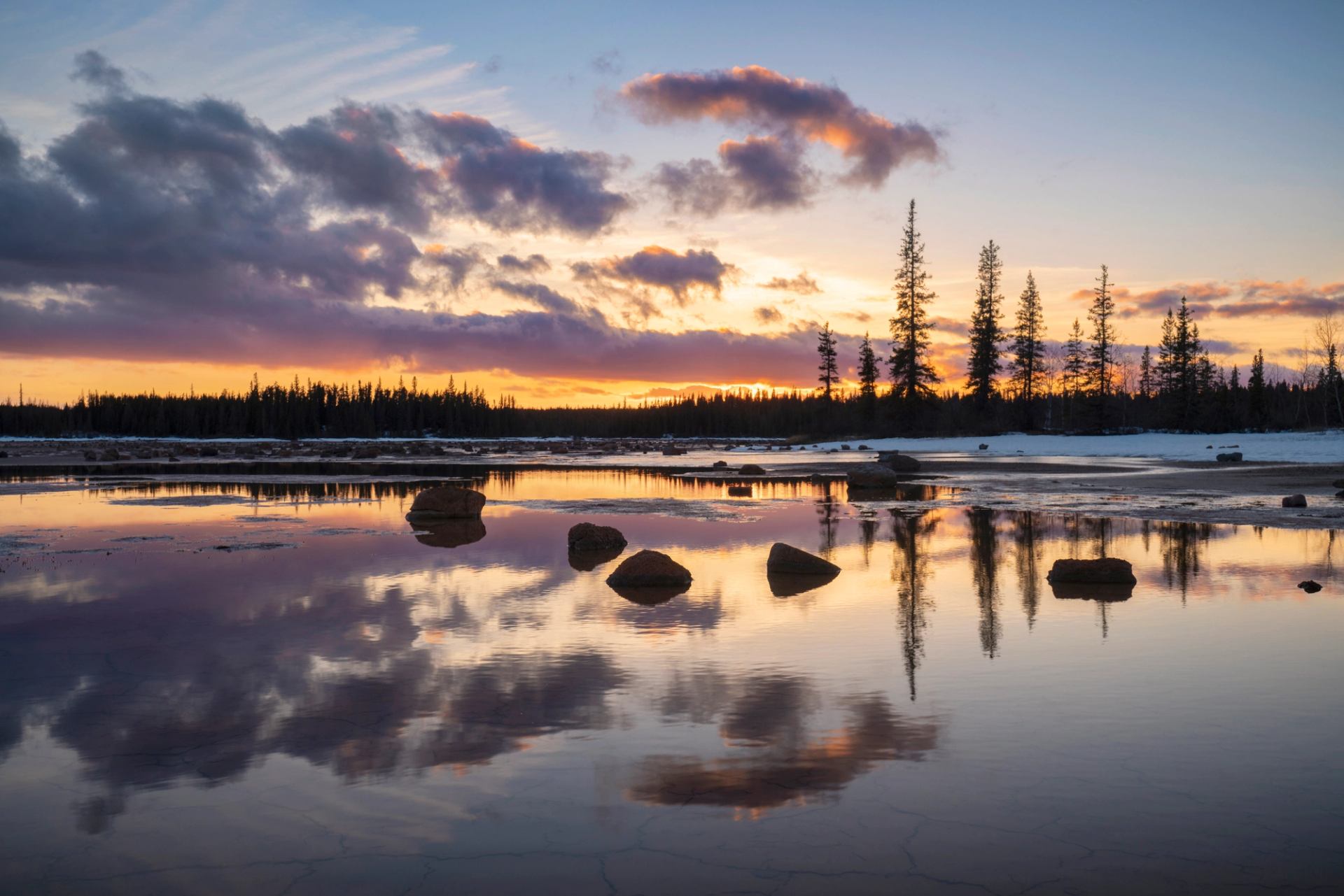 Scenic reflection shot of lake in Wood Buffalo National Park