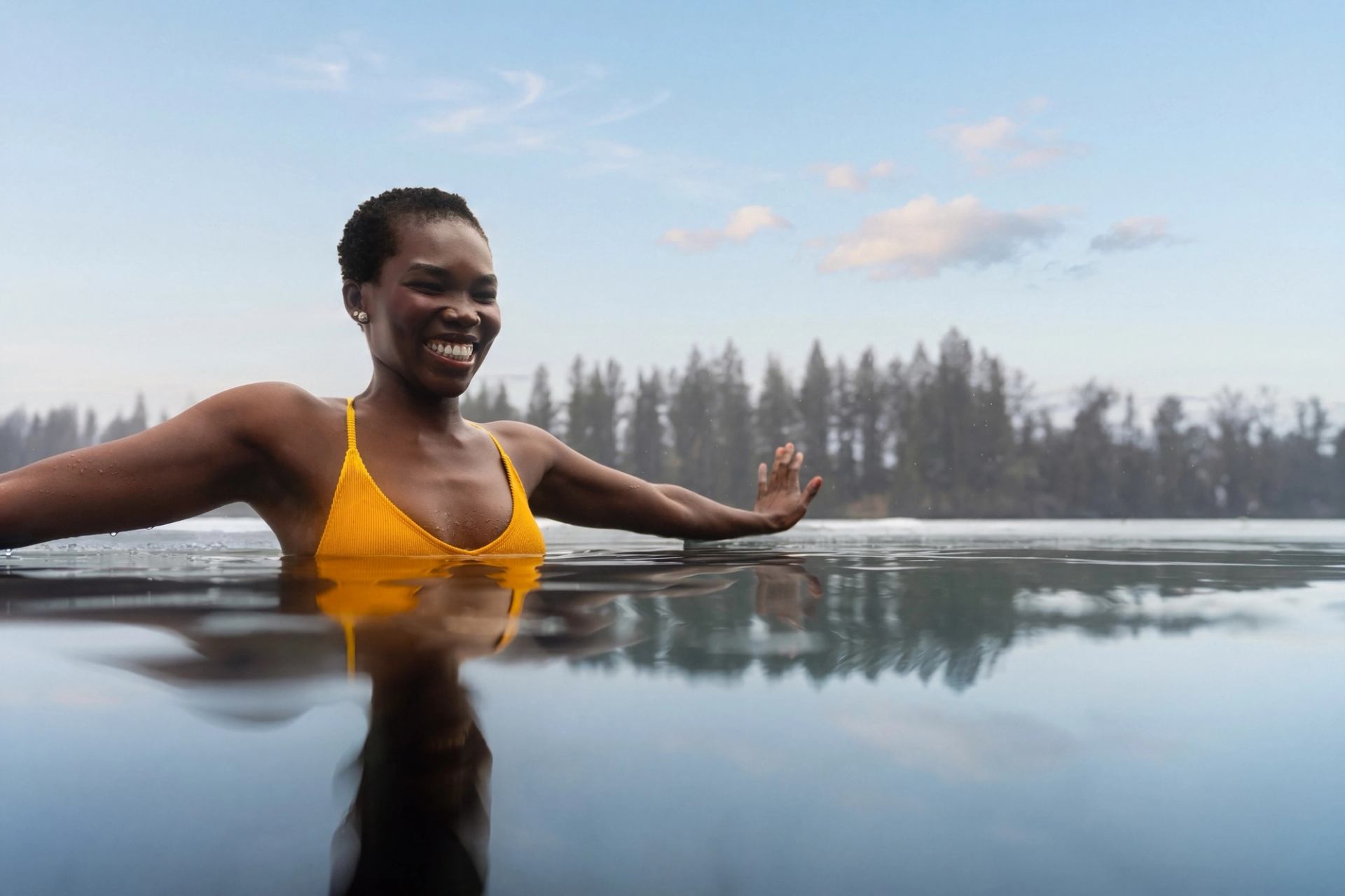 A guest enjoys a polar dip in Lac Beauvert in winter at Fairmont Jasper Park Lodge.