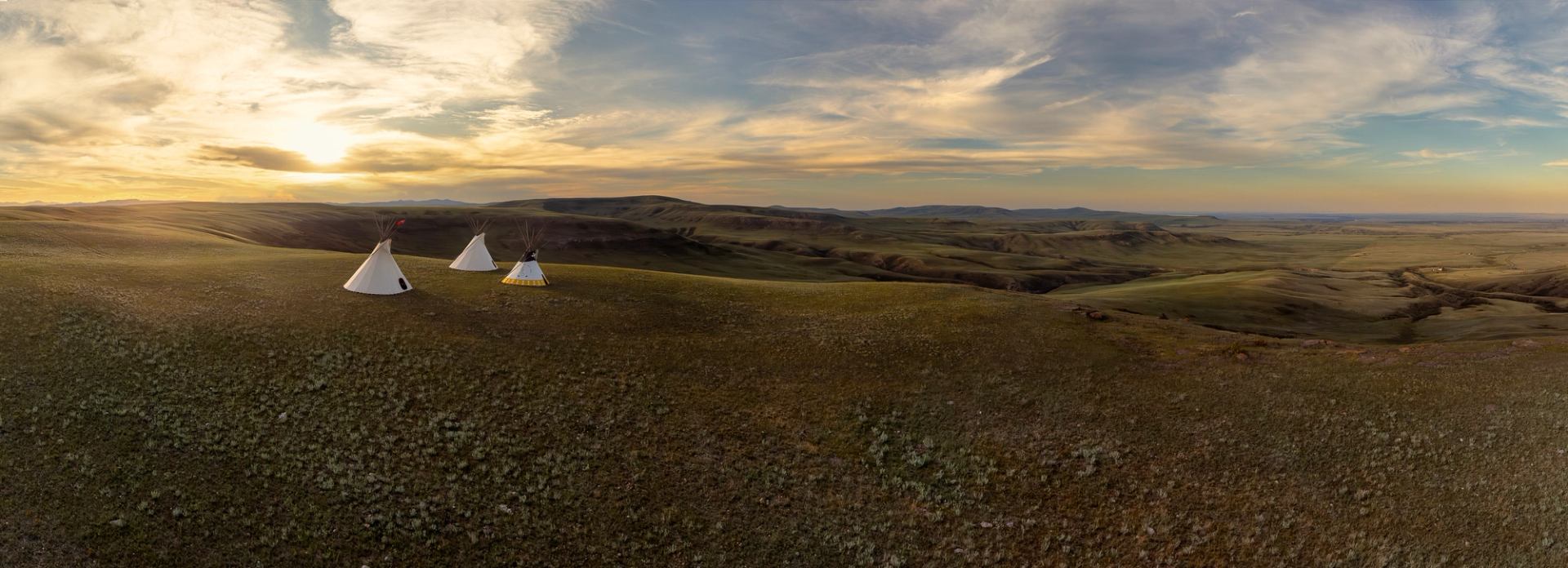A panoramic shot of three tipis and the landscape of the Piikani Nation
