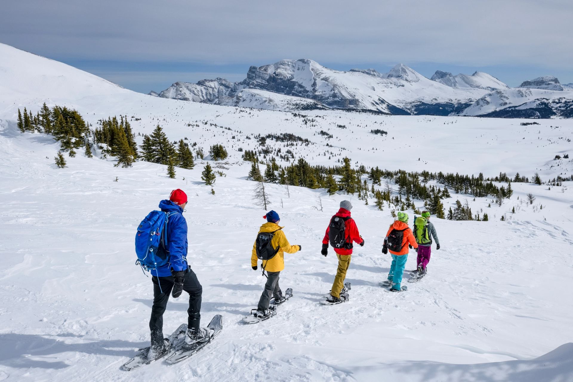 Group of five snowshoeing through a snow packed mountain valley.