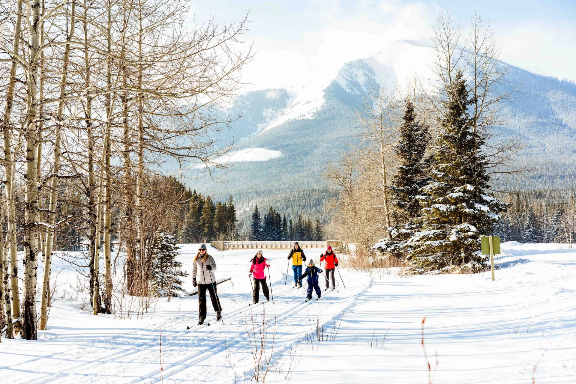 Family cross-country skiing a groomed run in Kananaskis Country.