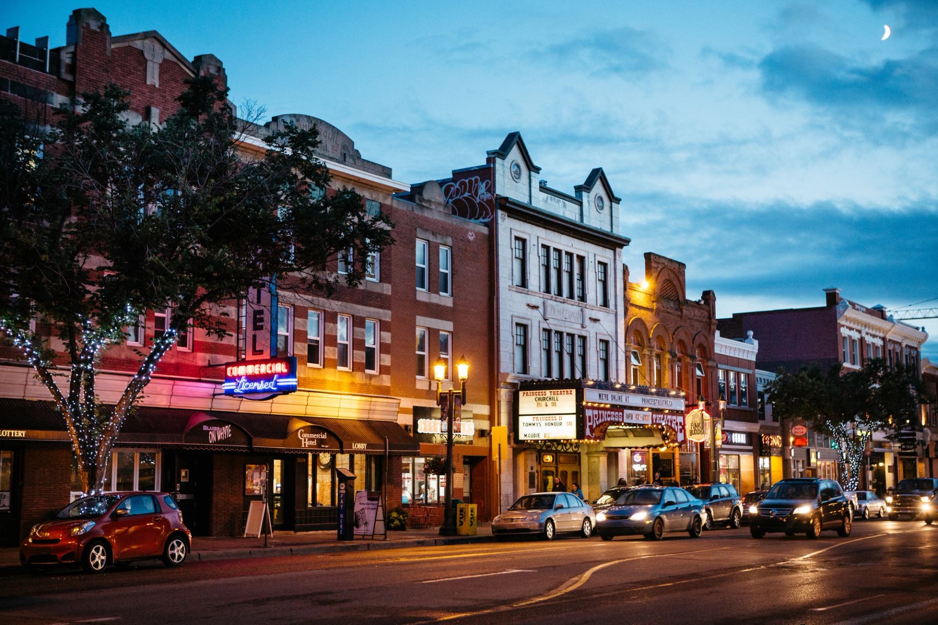 Exterior of the Princess Theatre on Whyte Avenue in Edmonton at night.