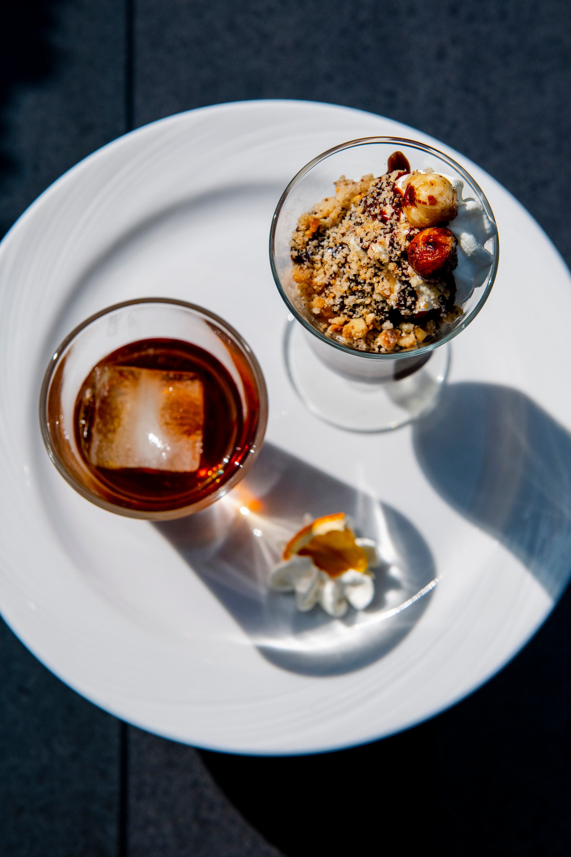 A top-down view of creative desserts served at Olive Bistro in Jasper National Park.