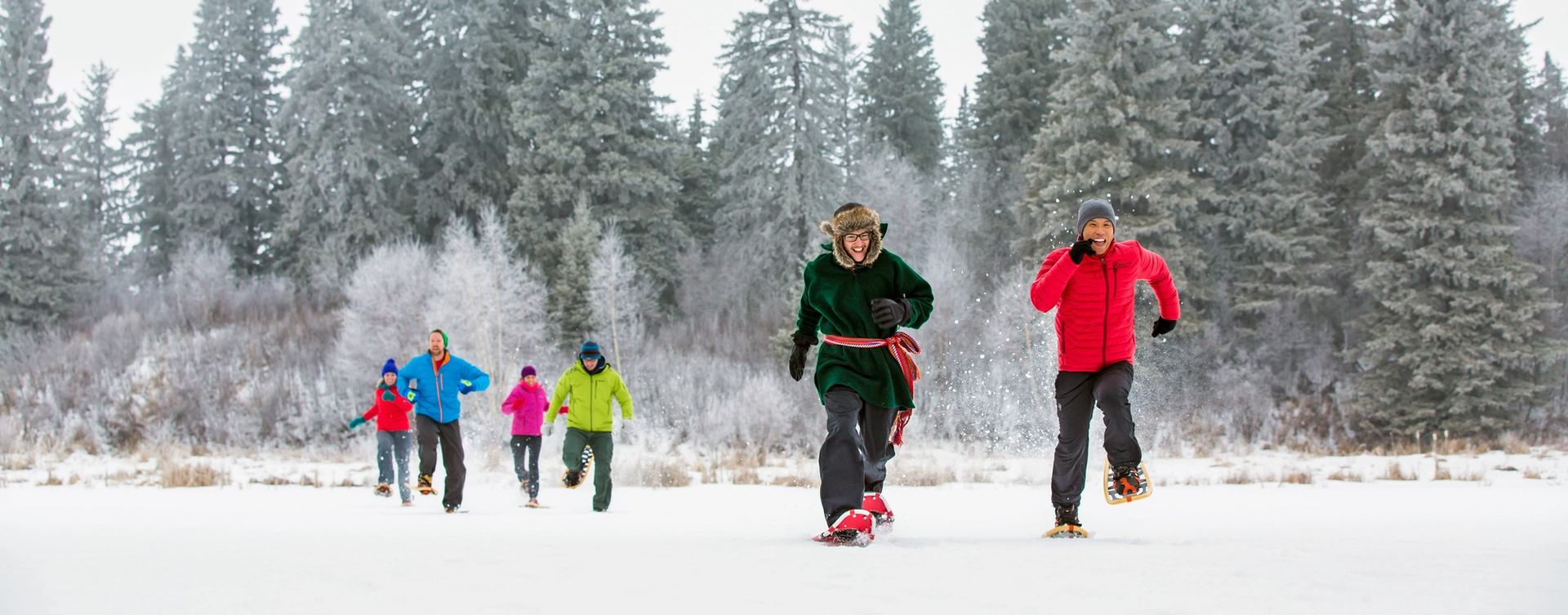 A snowshoeing guide leads a group of people across Astotin Lake against the snowy forest in Elk Island National Park.