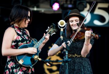 Close-up of musicians playing on stage at the Edmonton Folk Music Festival