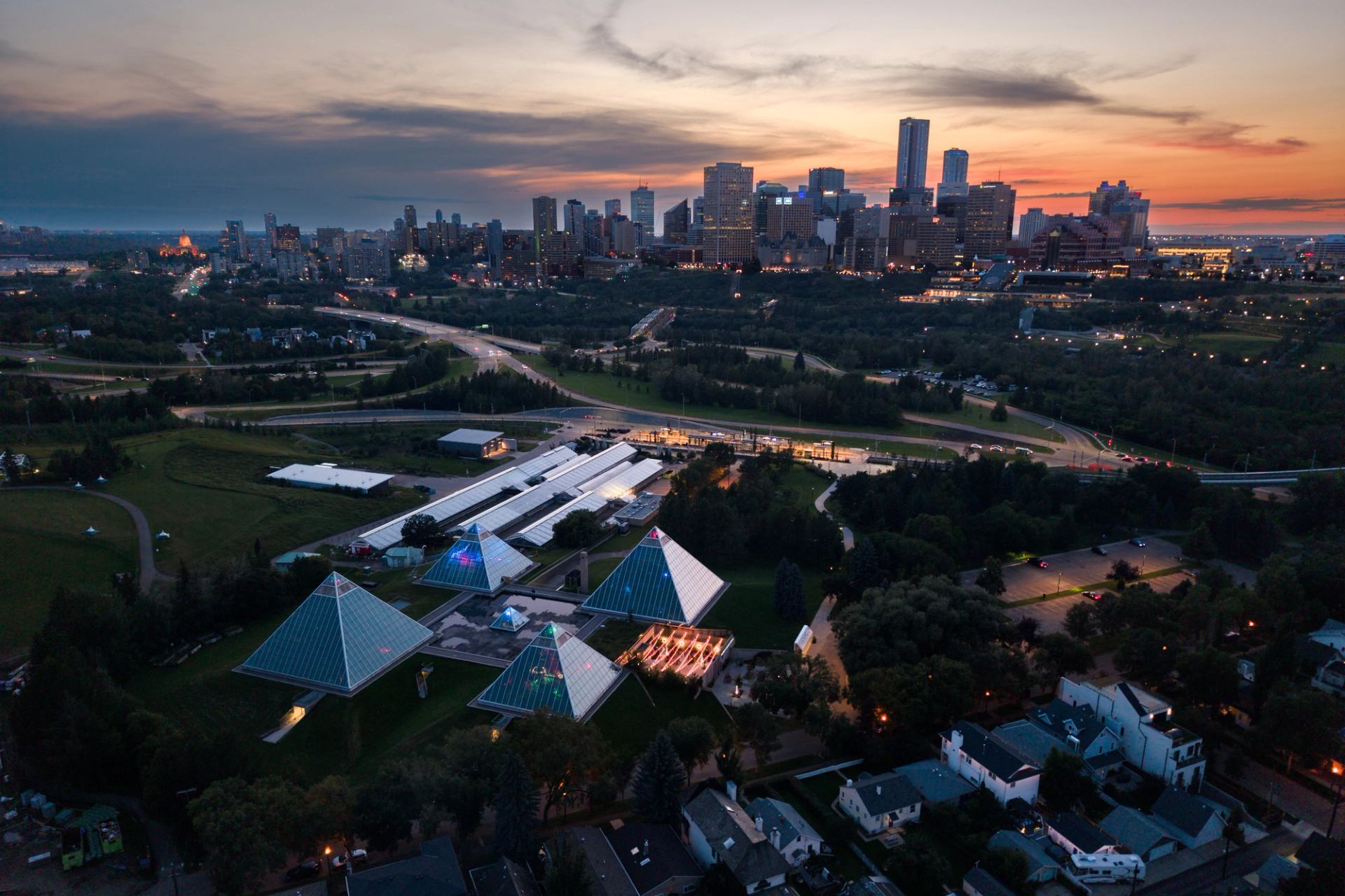 Nighttime aerial of Muttart Conservatory in Edmonton.