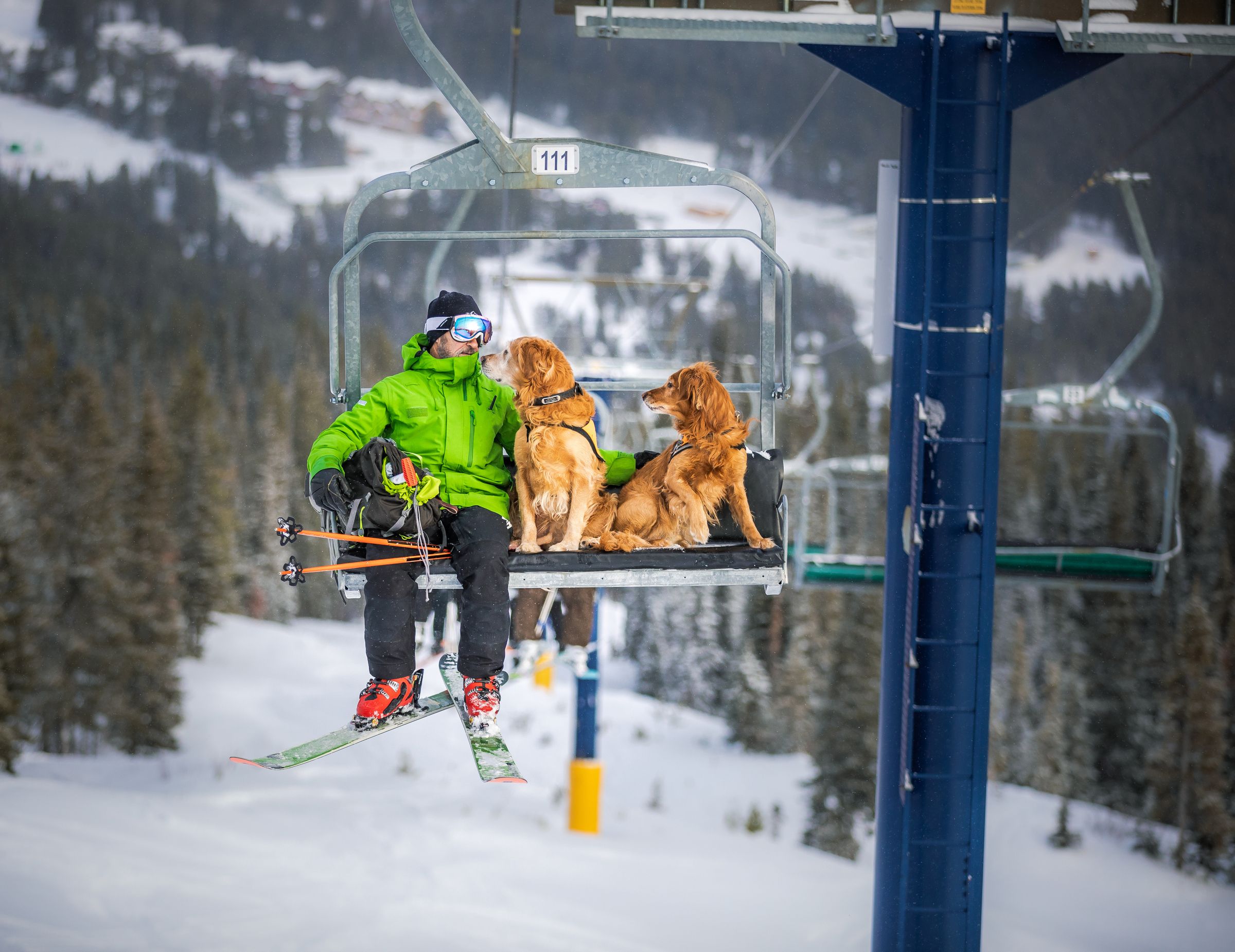A focused shot of a skier with his two dogs, riding the chairlift before skiing Castle Mountain Resort in Pincher Creek