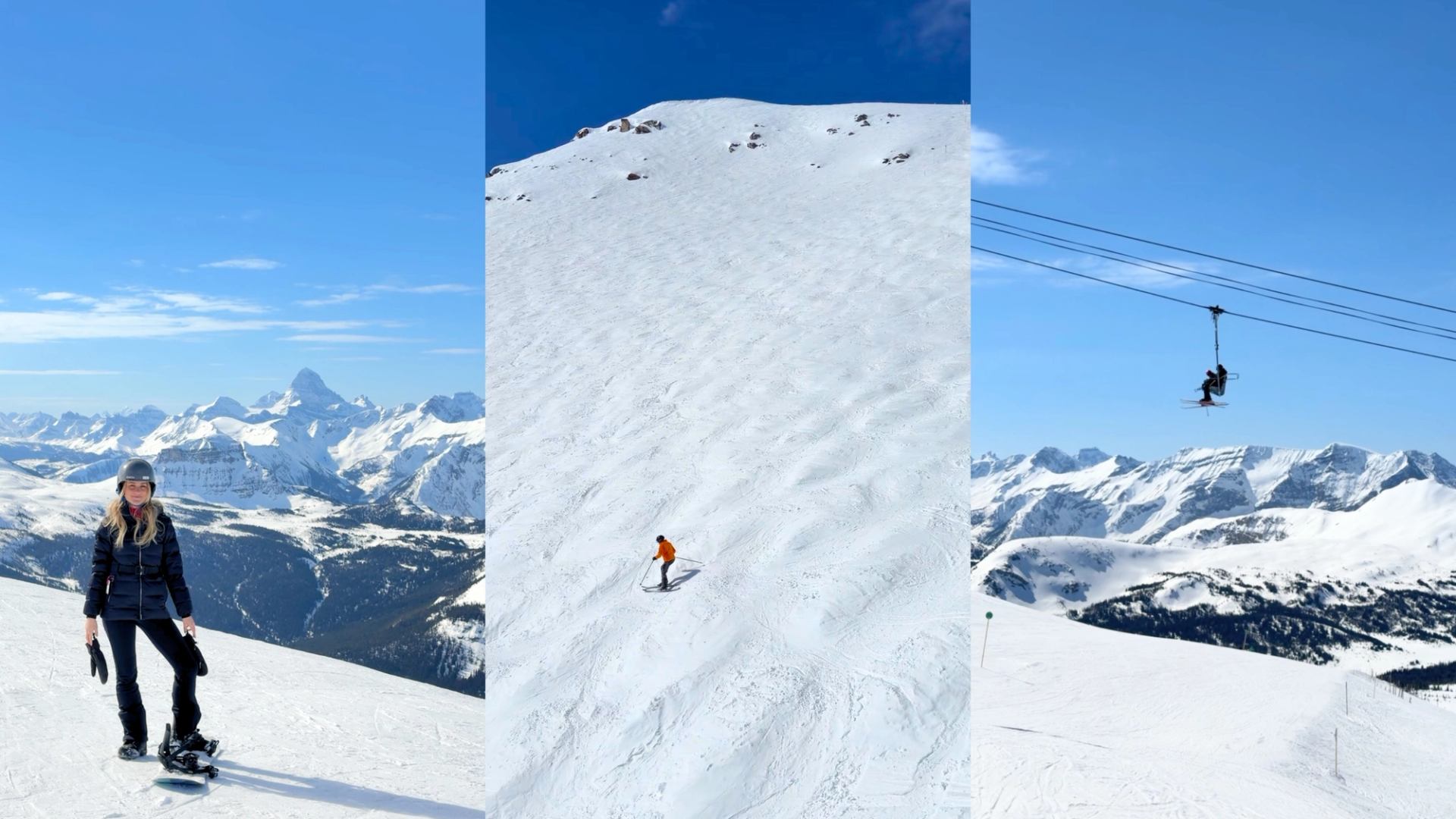 Three images from Sunshine Village including a snowboarding posing in front of mountains, a skier down a run and skiers on a chairlift.