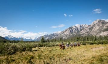 Group trail ride through a grassy field in Banff National Park.