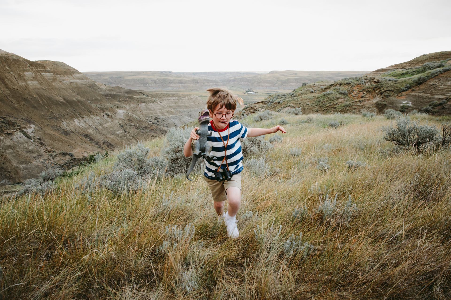 A child running through a meadow in the Canadian Badlands with a dinosaur toy.