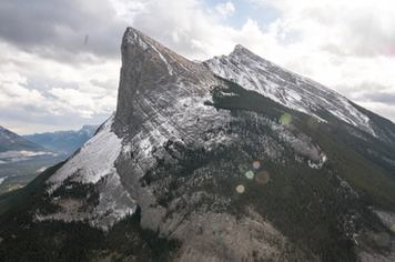Wide shot of a hiker over looking a lake and mountain view in Banff National Park