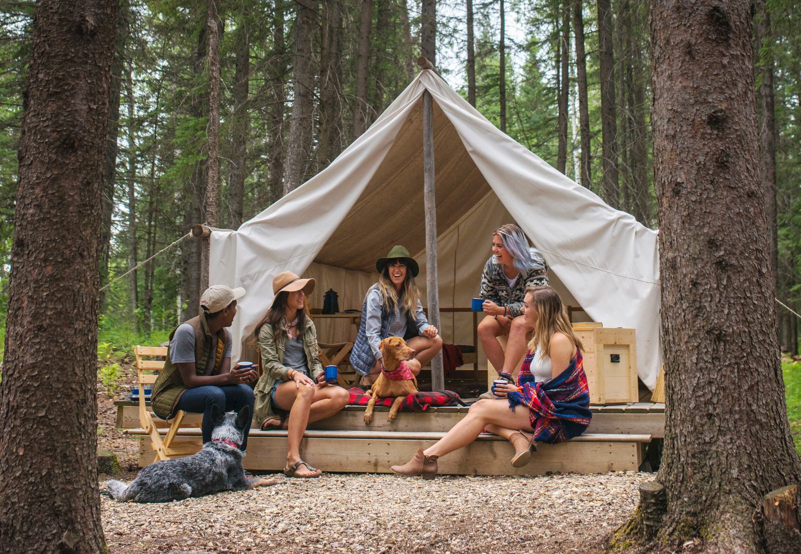 A group of friends sitting outside a comfort camping tent in the woods