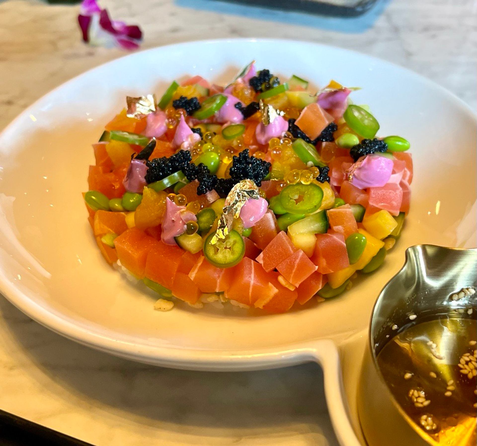 Closeup of a plate of food at 4296 restaurant in Canmore.