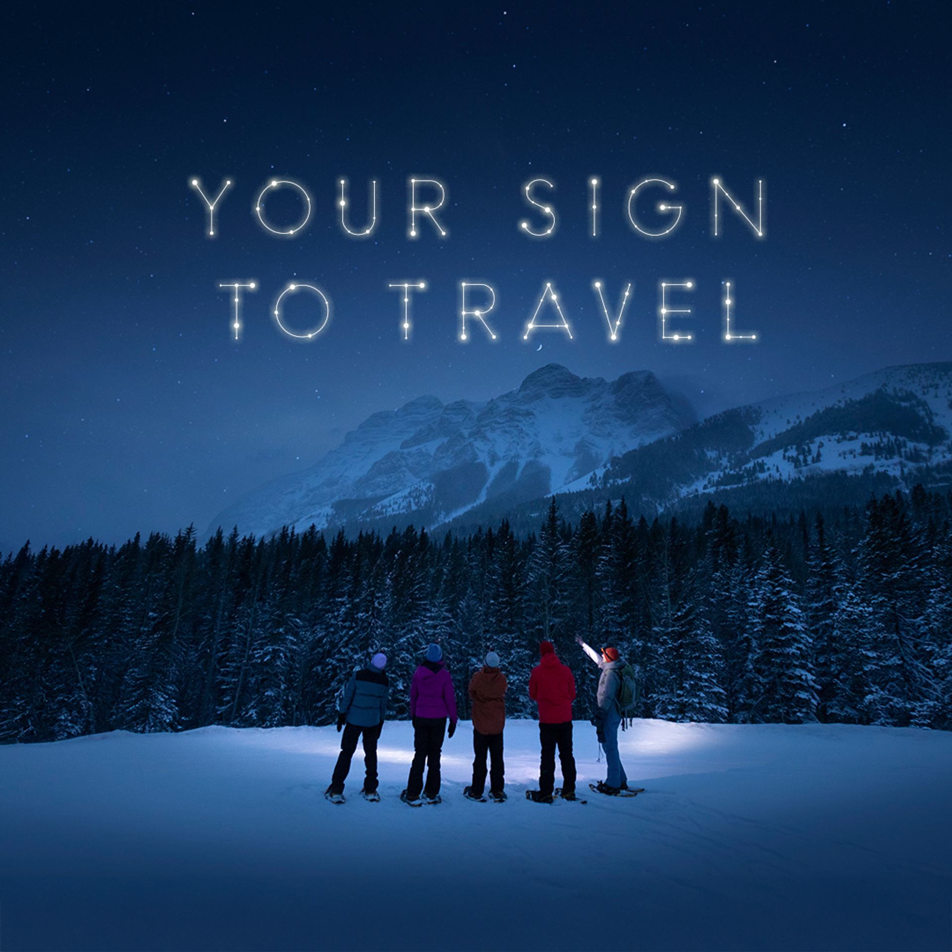 Four friends and a guide in snowshoes looking up at the night sky featuring the forest, mountains and stars. 