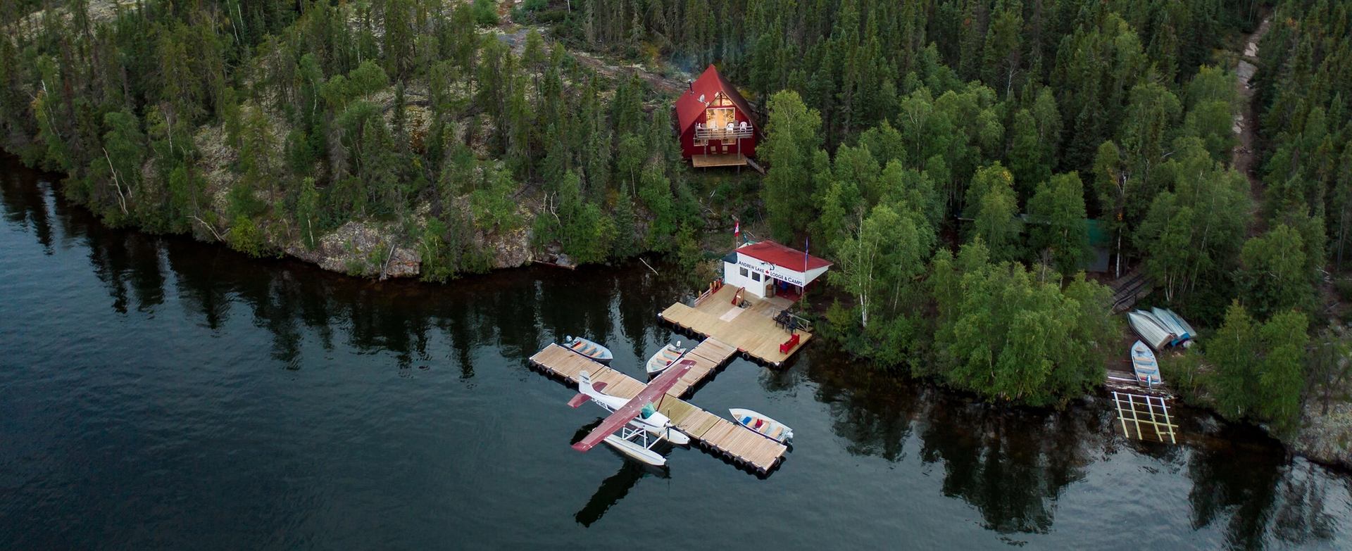 Aerial view over Andrew Lake Lodge.