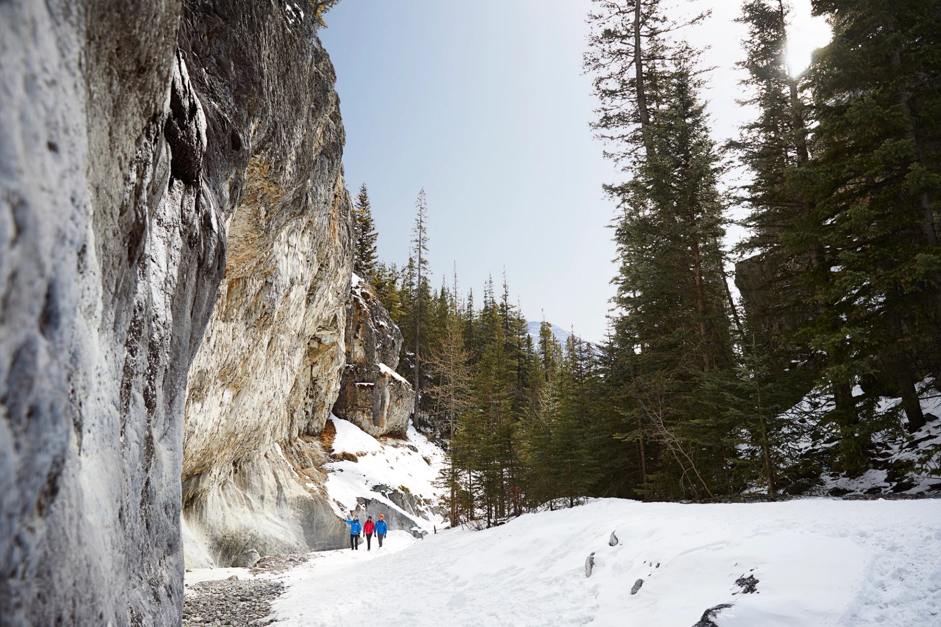 People winter hiking beside a canyon wall, while ice walking in Grotto Canyon near Canmore in Kananaskis Country