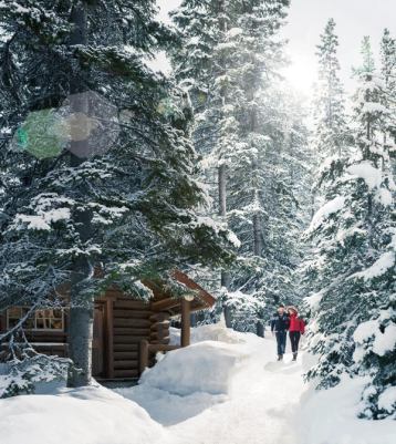 Couple walking through the snow covered trees to a log cabin at Storm Mountain Lodge in Banff National Park