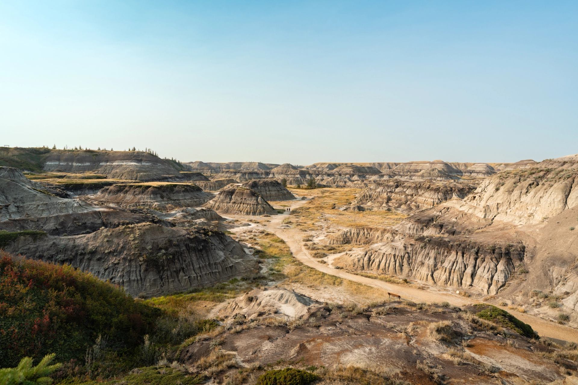Canadian Badlands geological formations stretch in all directions, showing erosion and natural gradients in exposed rock.