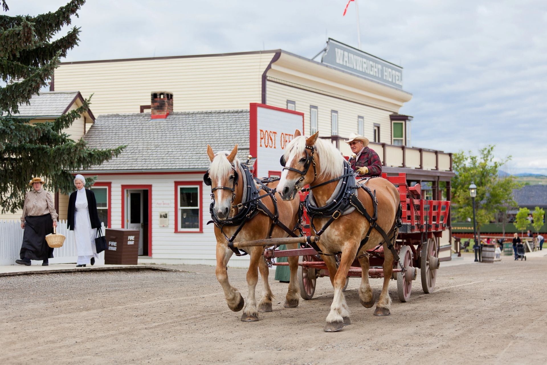 A man drives a horse wagon down a road at a historical village