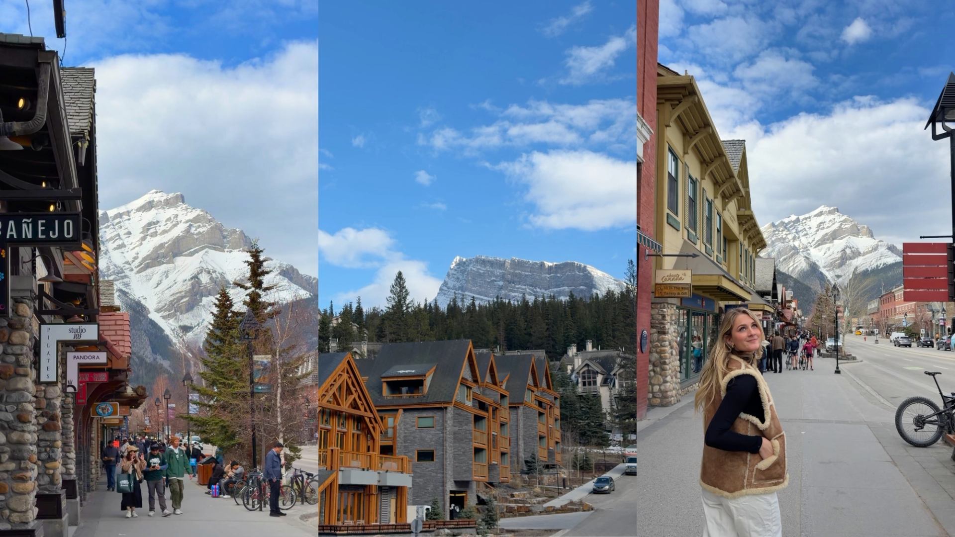 Three images of Banff in spring time, featuring people walking down Banff Ave and nearby mountains.