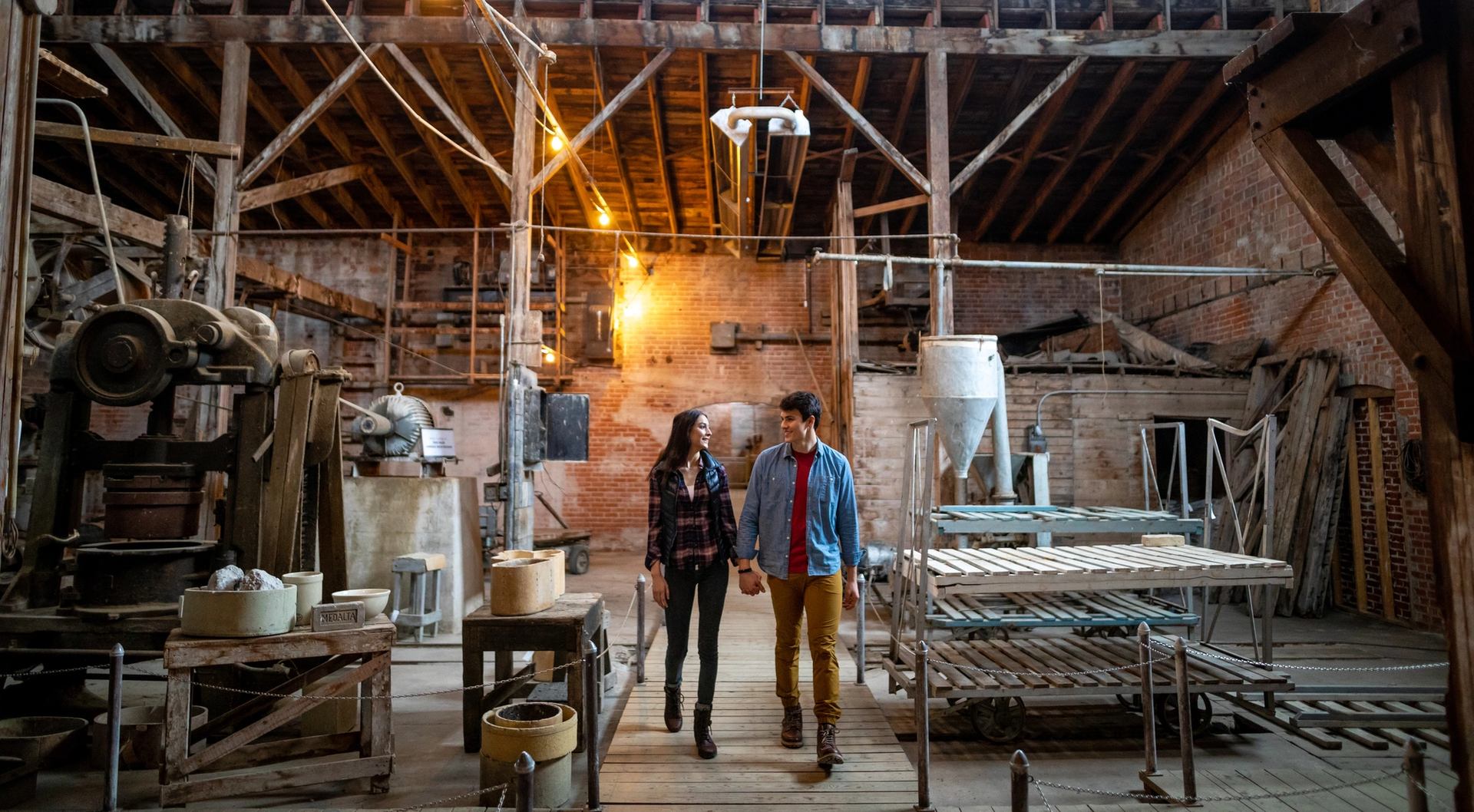 A couple visiting Medalta in the Historic Clay District in Medicine Hat.