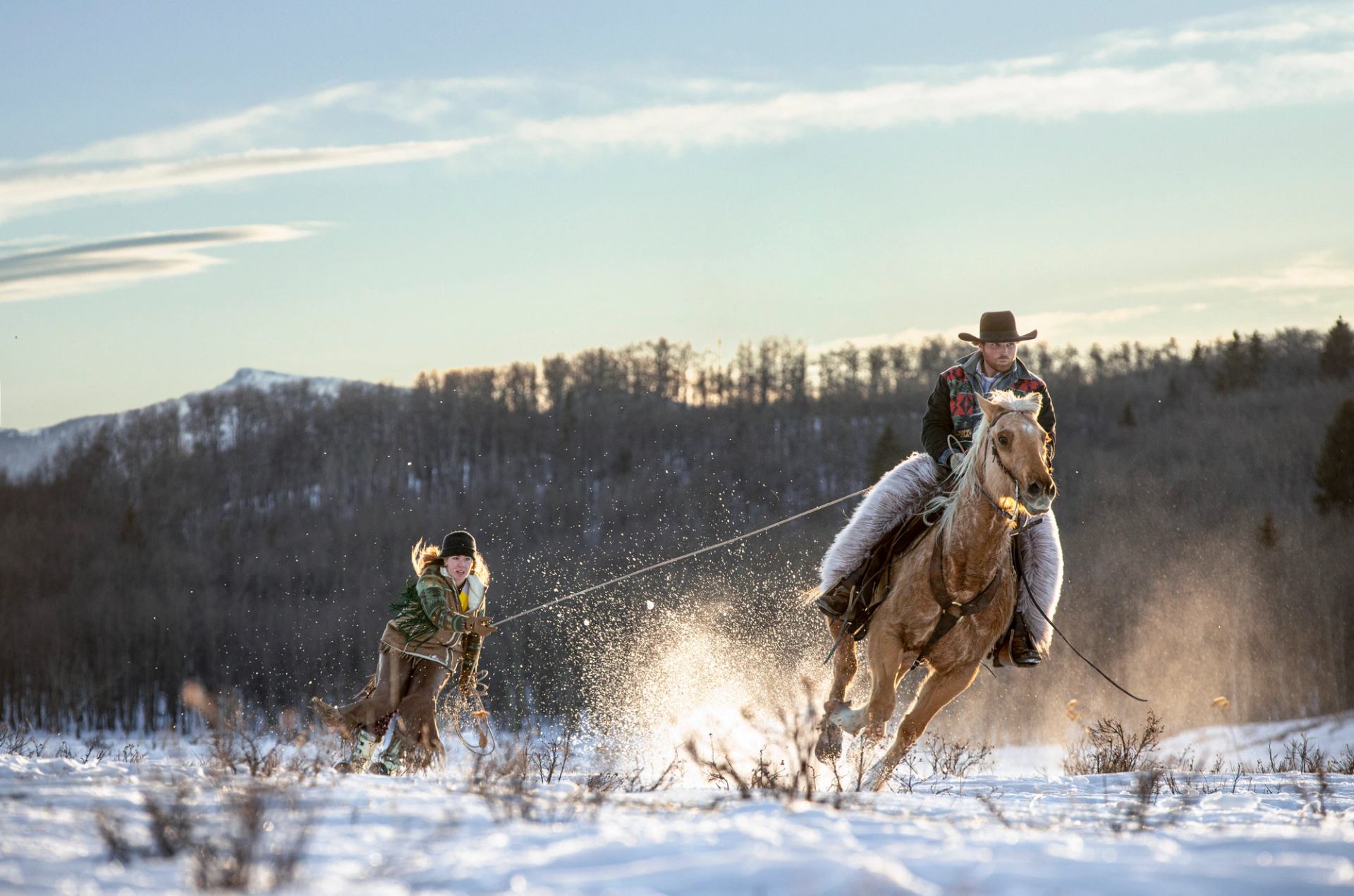 Skijoring, a winter activity that sees  a cross-country skier pulled along by a horse, in Longview, Southern Alberta.