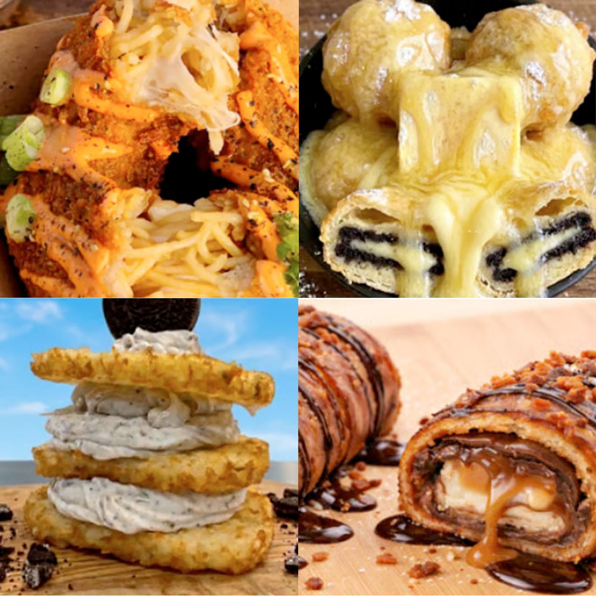 A compilation of Stampede midway food images, including a ramen-filled donut, deep-fried oreos, deep fried mars bar and ice cream and hasbhbrown sandwich.