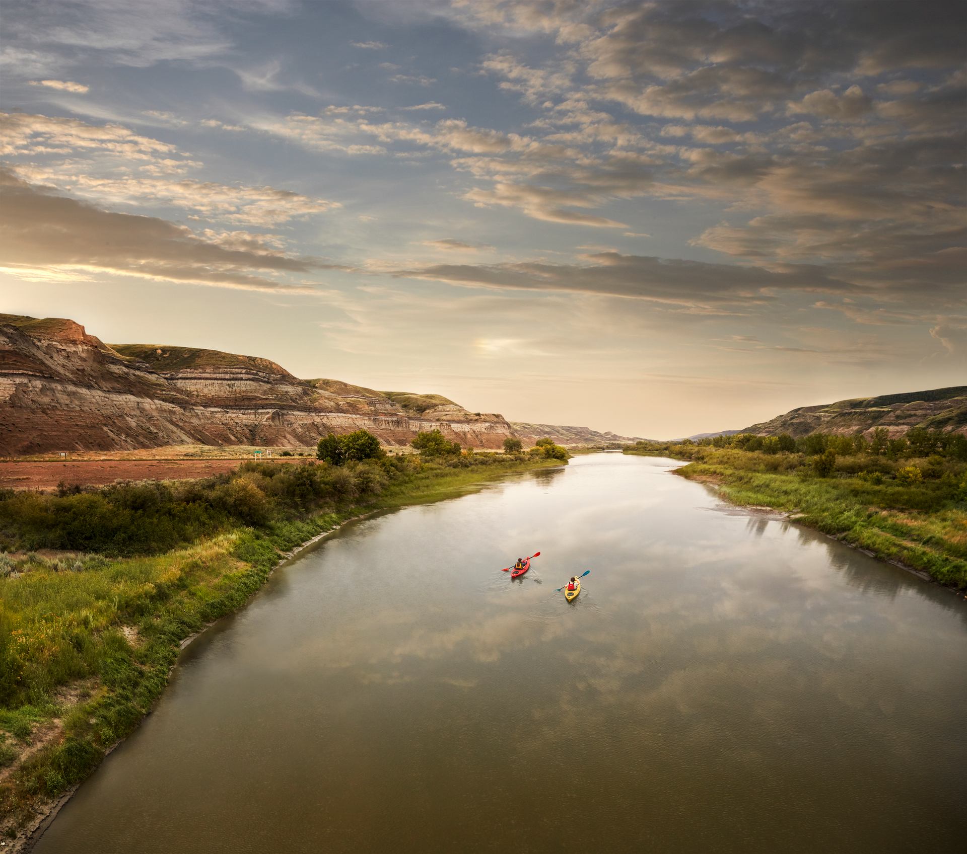 People kayaking down the Red Deer River