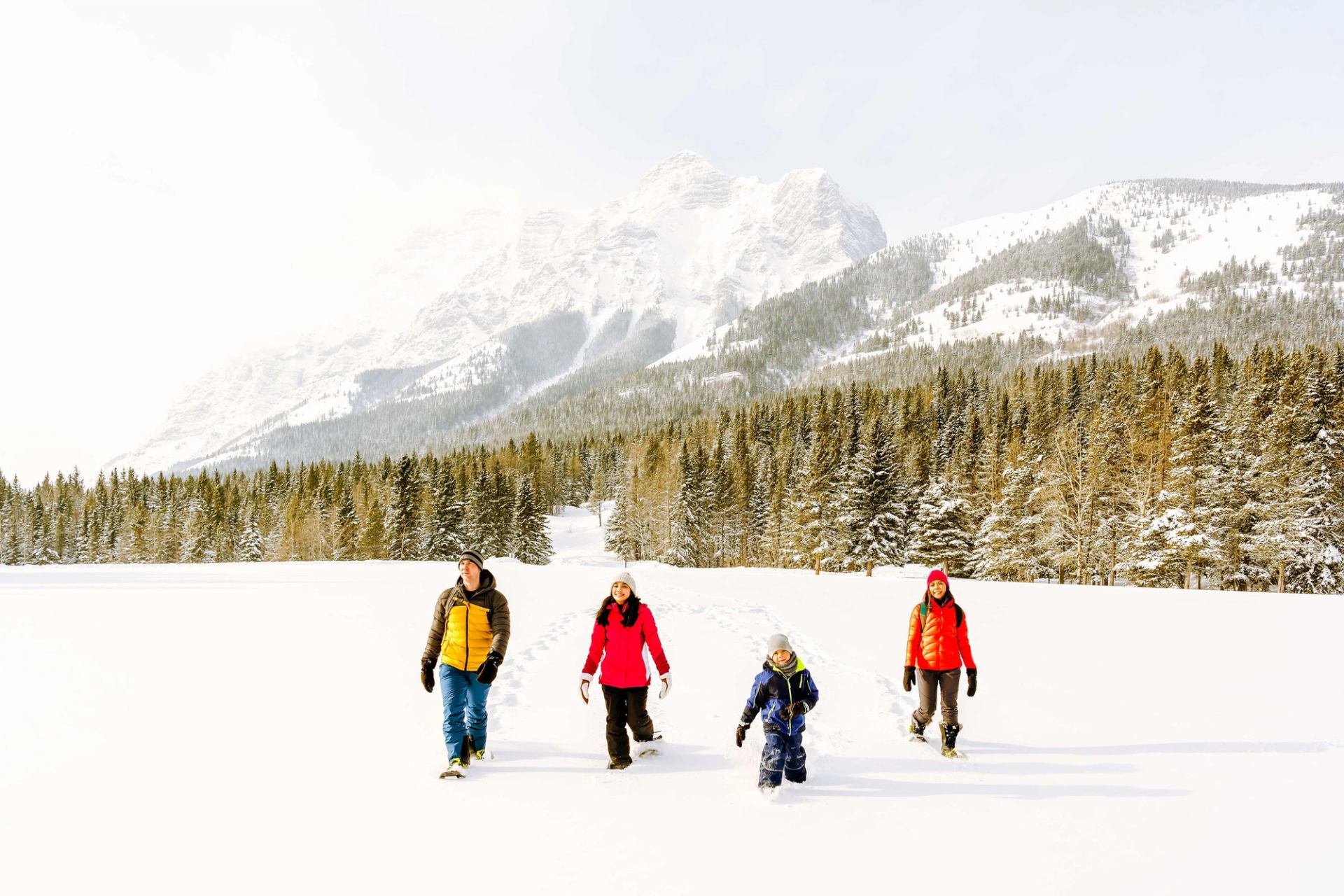 Family snowshoeing in Kananaskis Country.