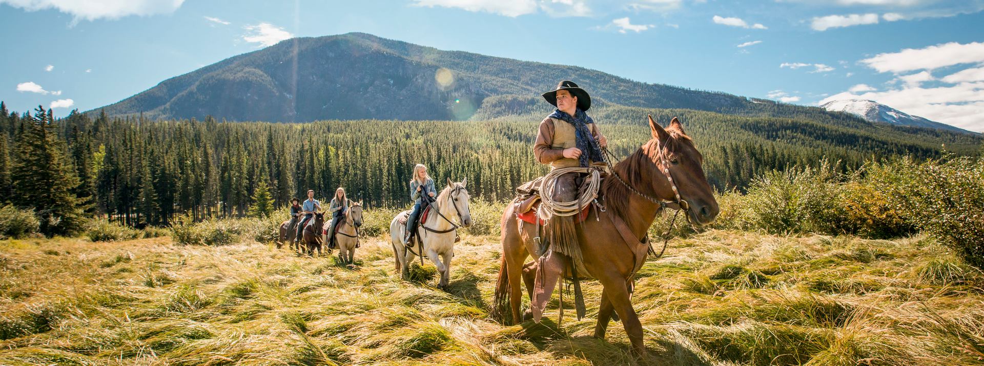 Trail riding through a grassy field in the mountains in Banff National Park