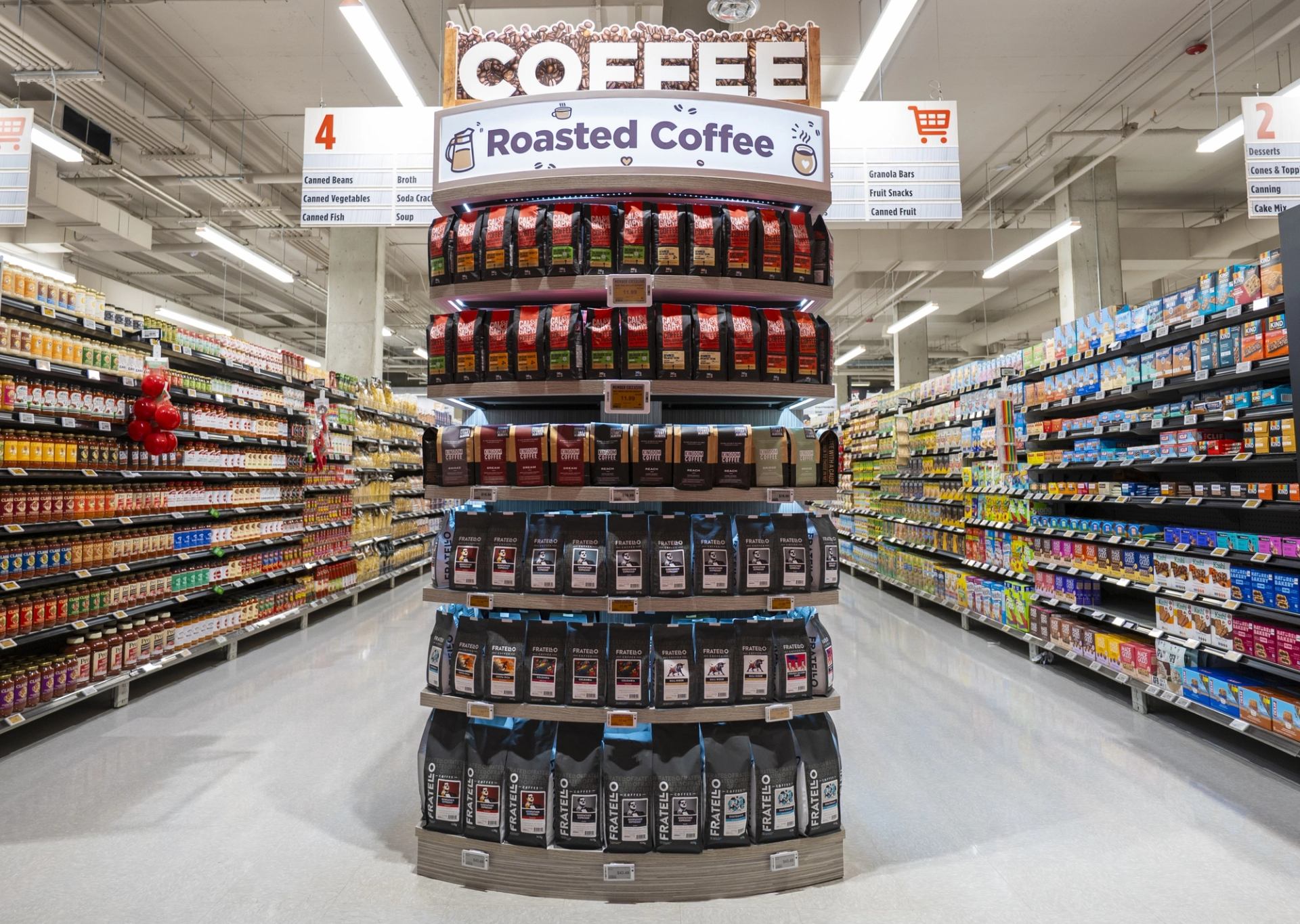 A grocery store end cap featuring locally roasted coffee at Calgary Co-op.