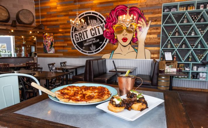 Pizza and a cocktail at Grit City Distillery & Tasting Room in Medicine Hat