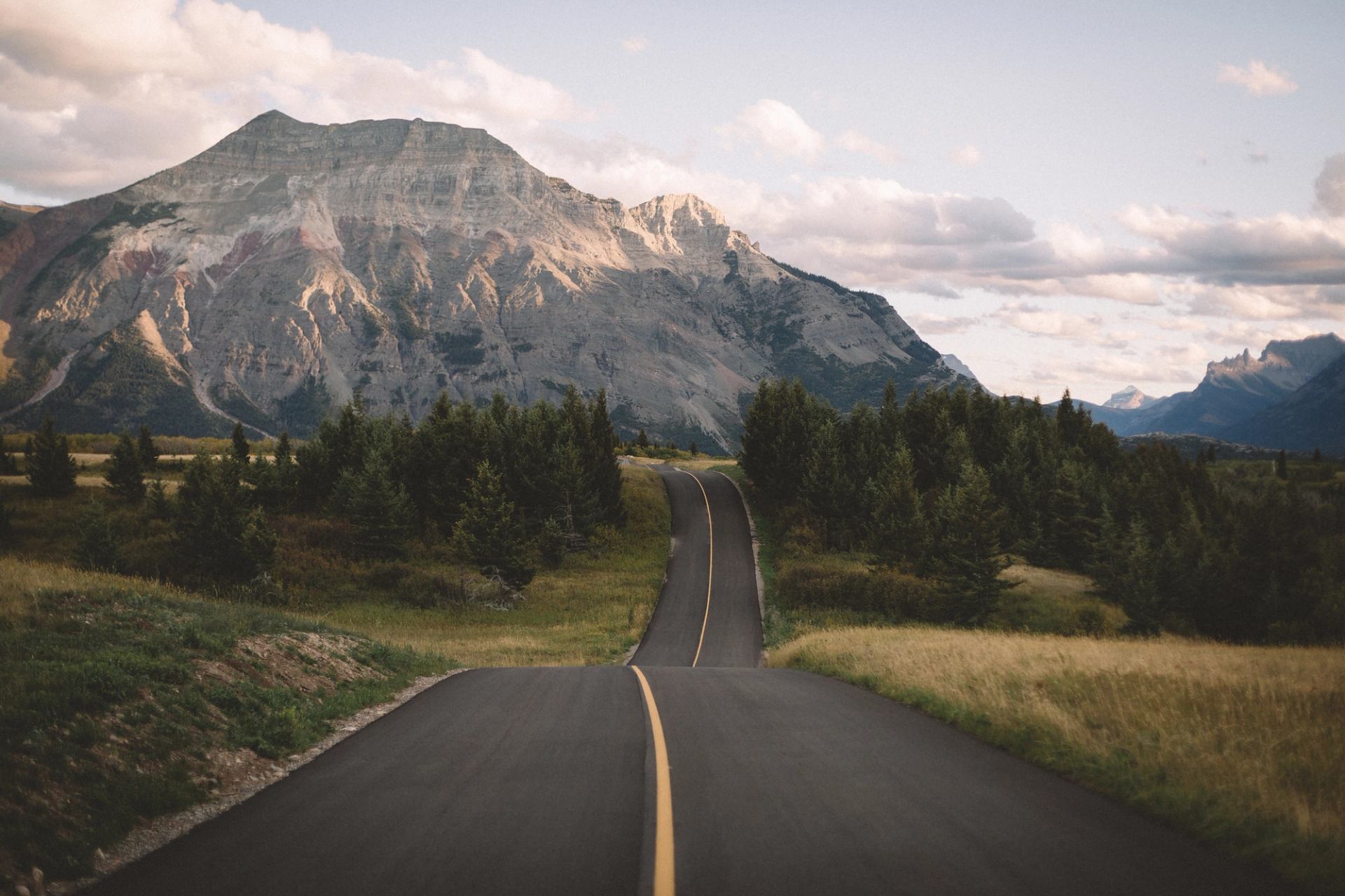 An open two-lane highway stretches into the distance, toward a mountain, lined with tall grass and pine trees near Waterton.