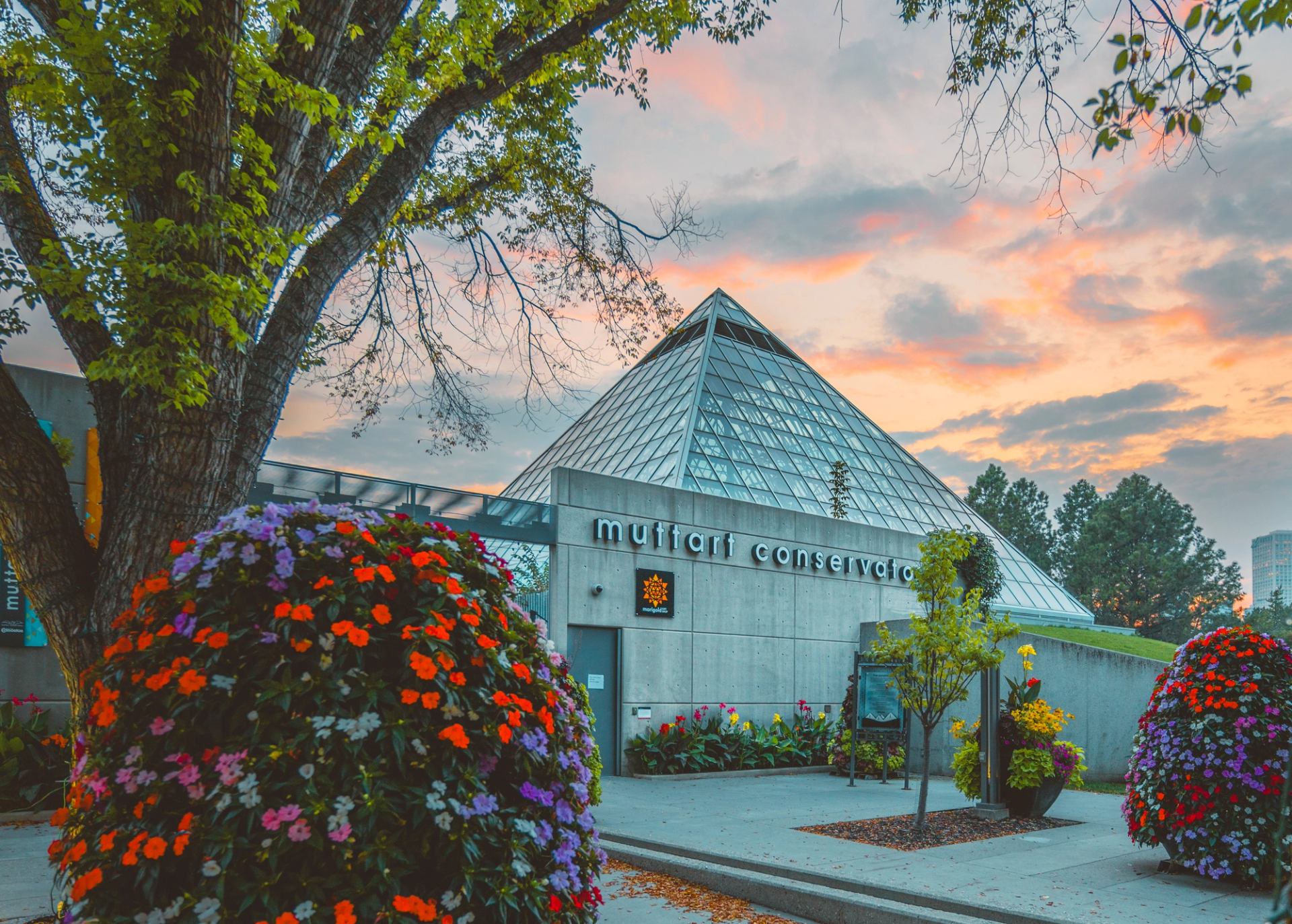 The entrance to the Muttart Conservatory at sunset.