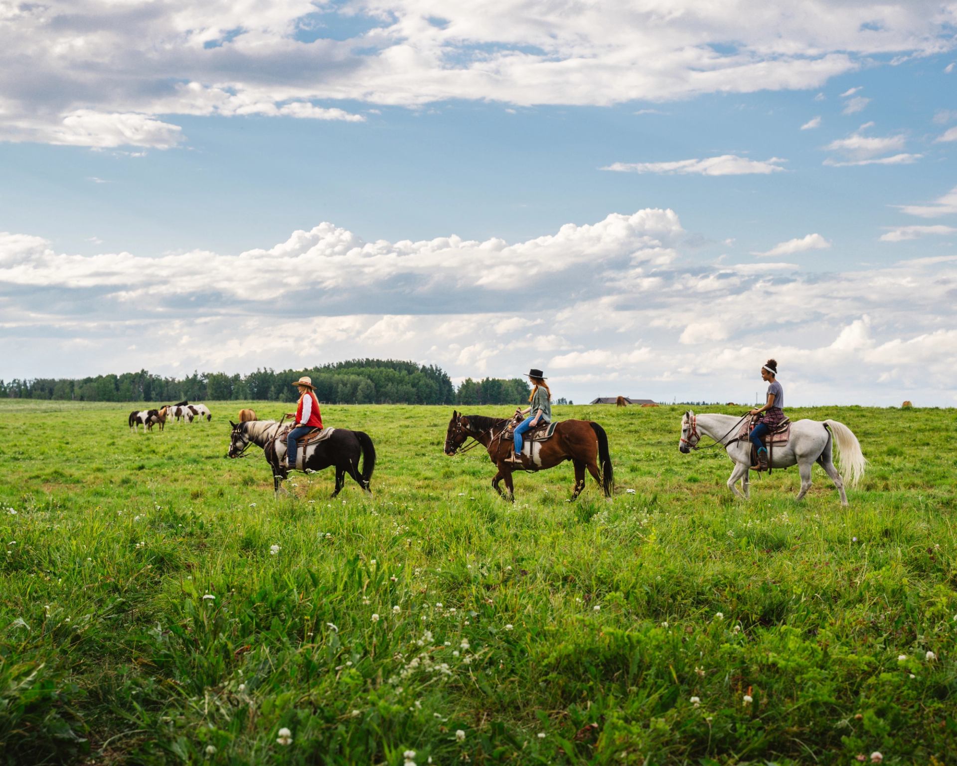 A group of people horseback riding in a green field at Wildhorse Ranch.