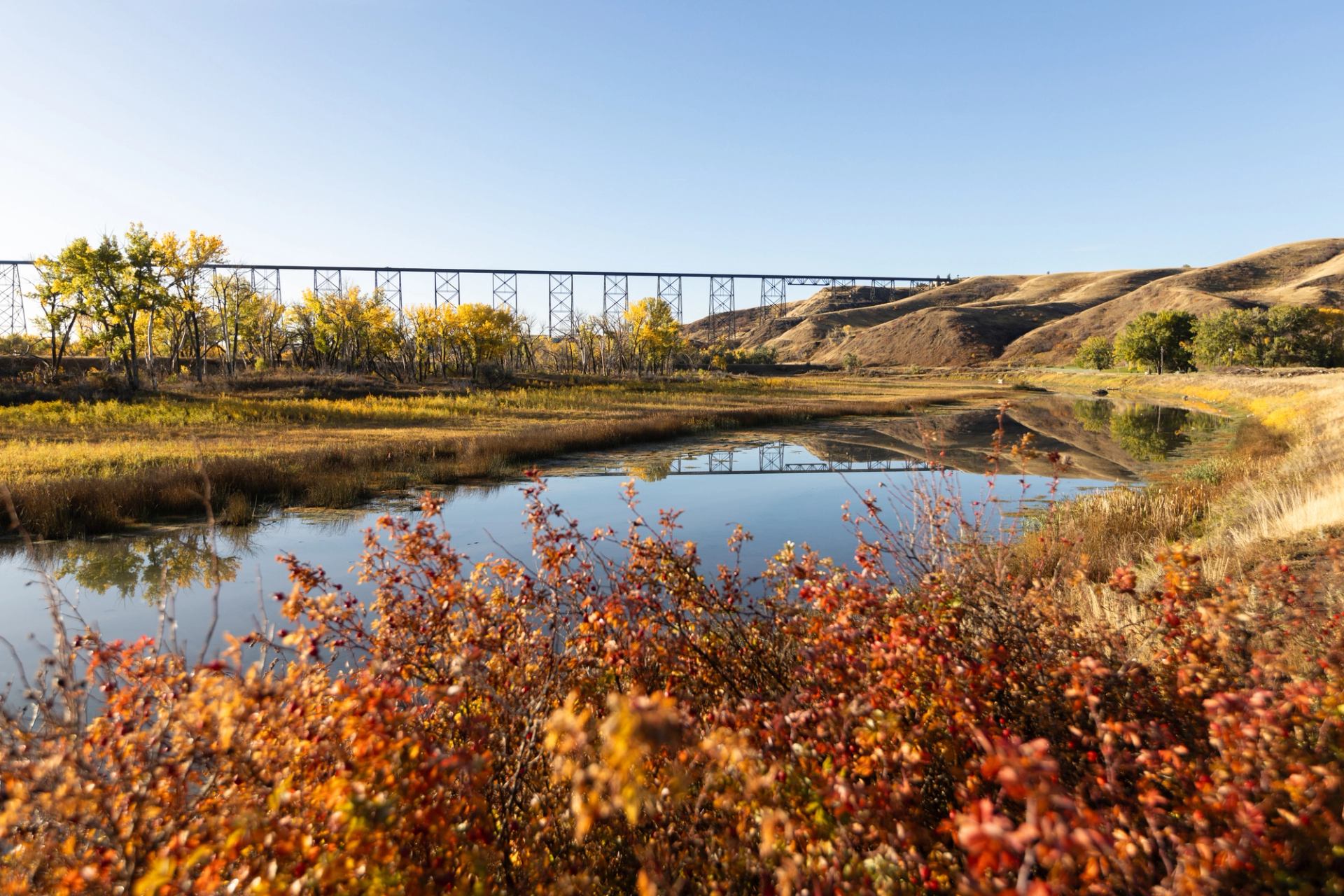 River valley with train bridge in Lethbridge