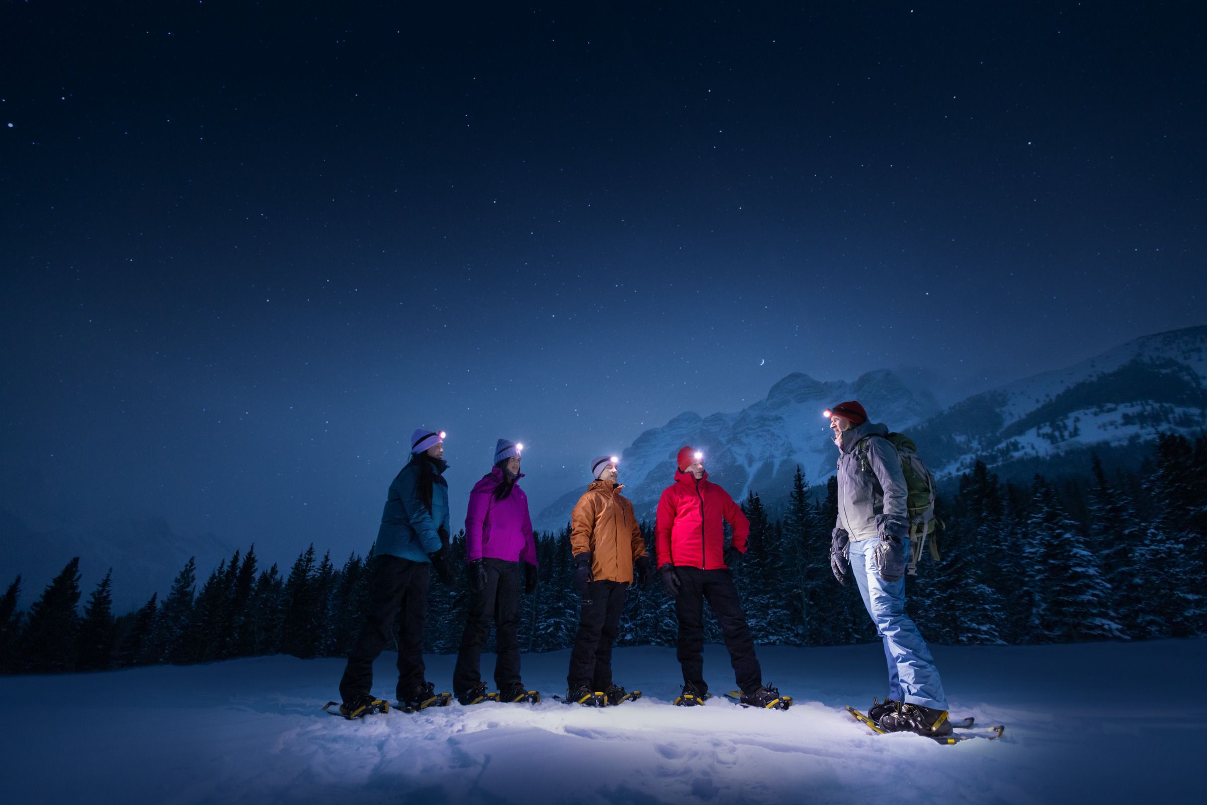 Four friends and a guide in snowshoes looking up at the night sky featuring the forest, mountains and stars.