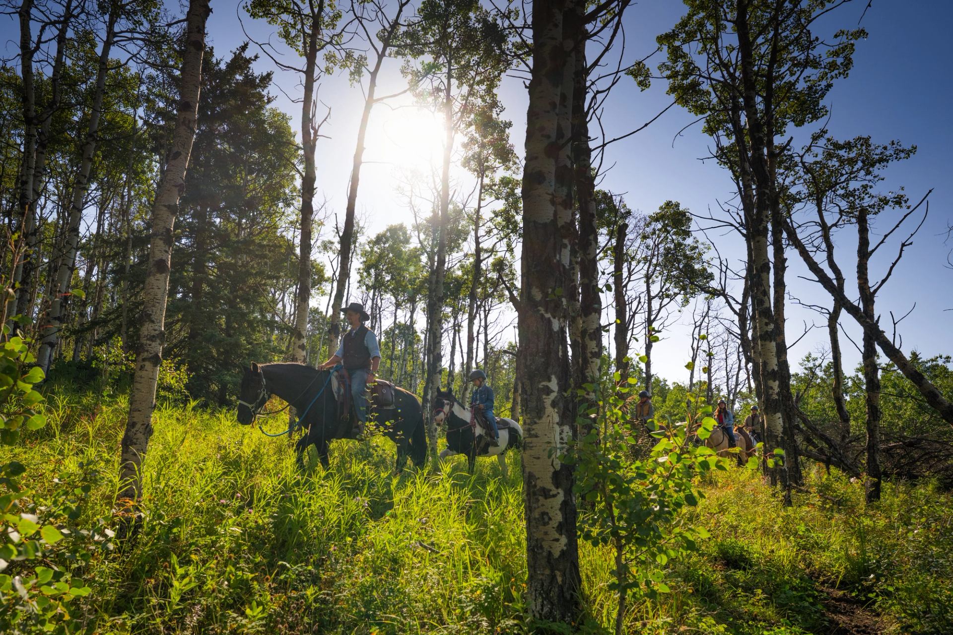 Guide leading a family on a horseback trail ride through the forest in Bragg Creek.