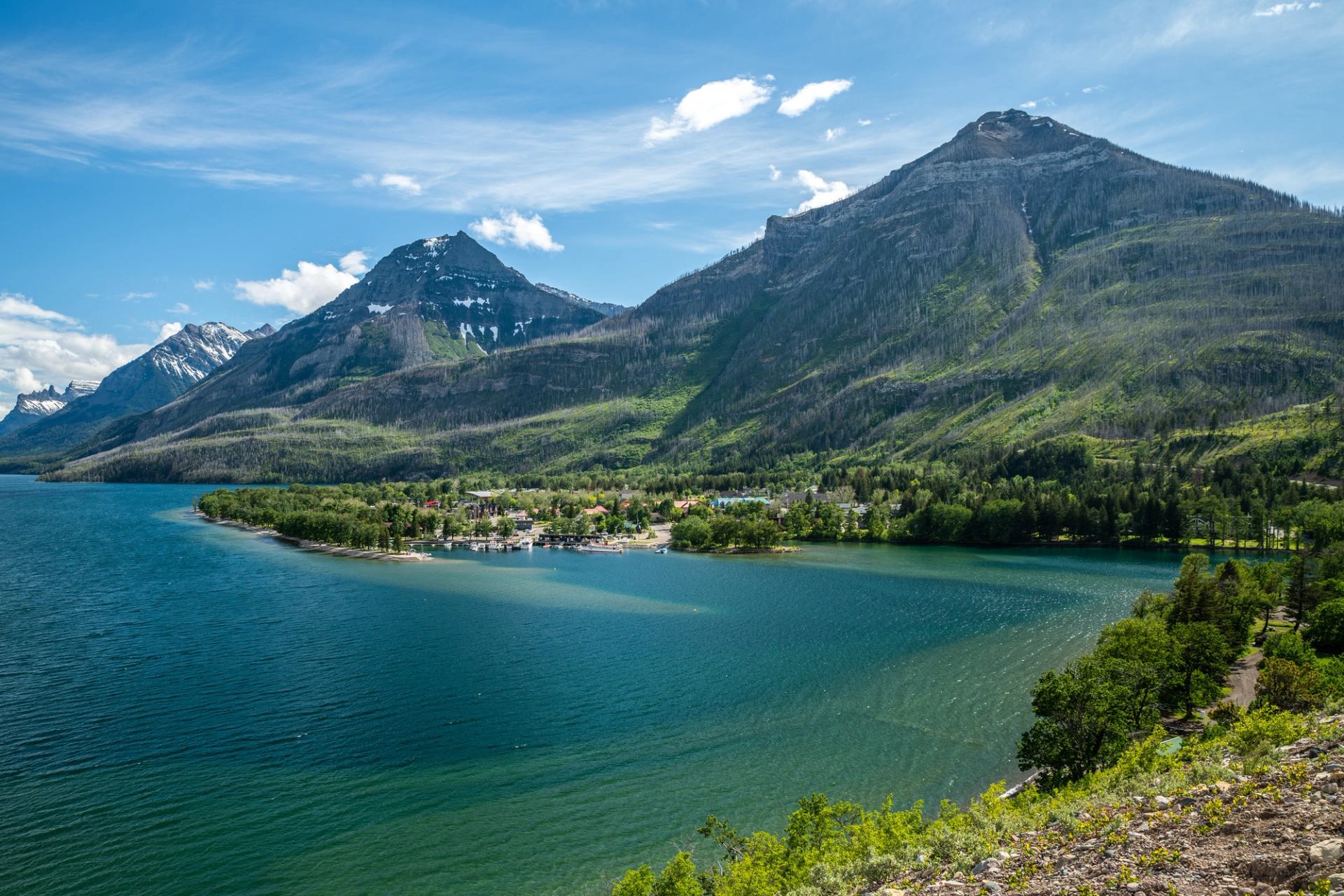 An aerial shot of Waterton Lake.