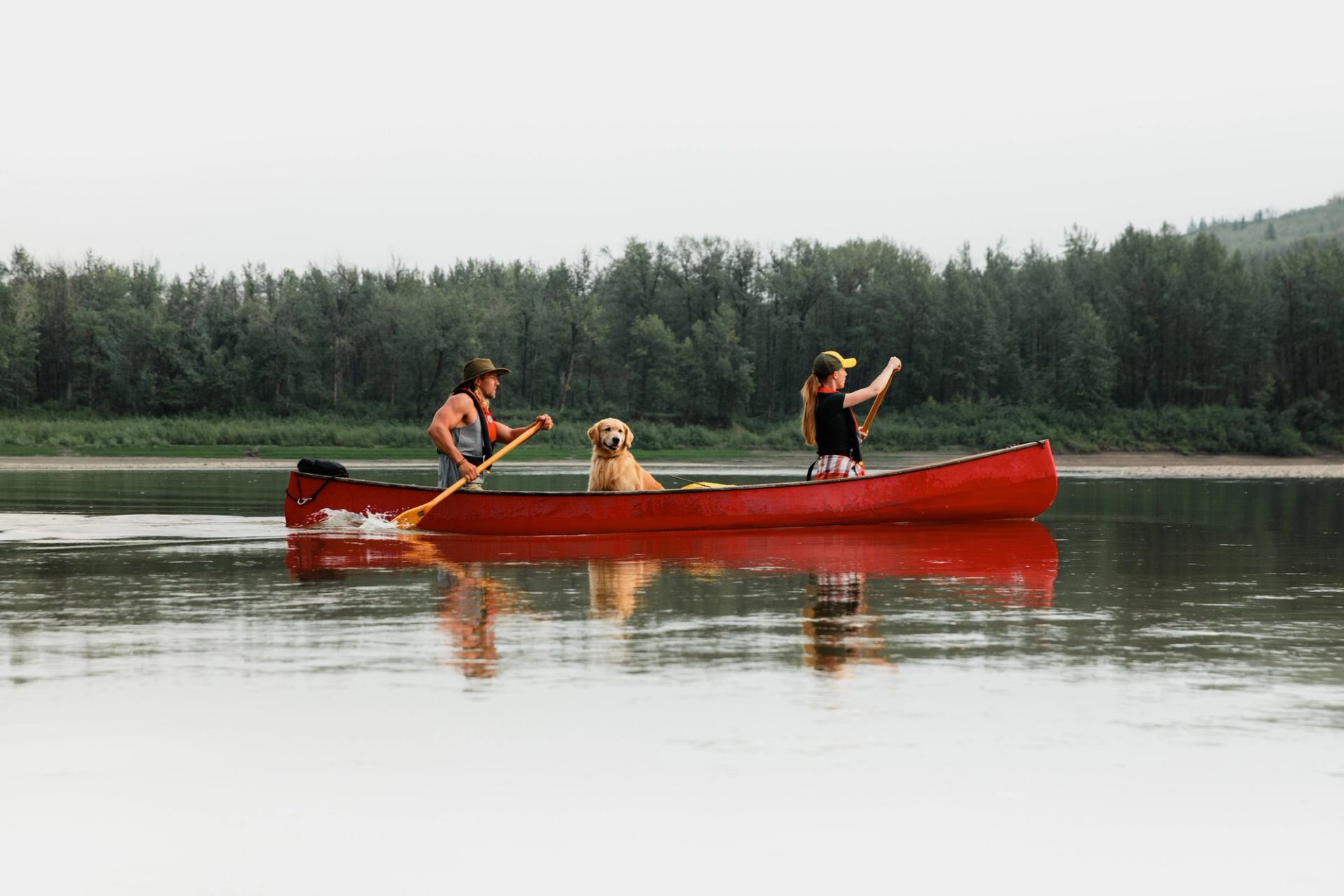 Couple and dog paddling a red canoe on a lake