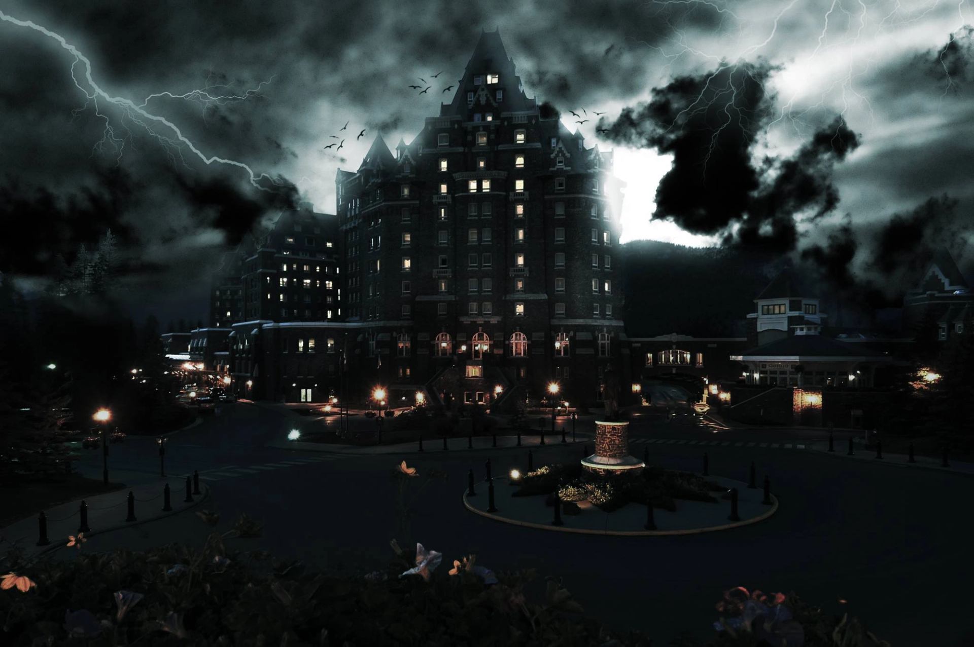 A Halloween-themed image of the Fairmont Banff Springs Hotel, with dark clouds and lightning strikes.