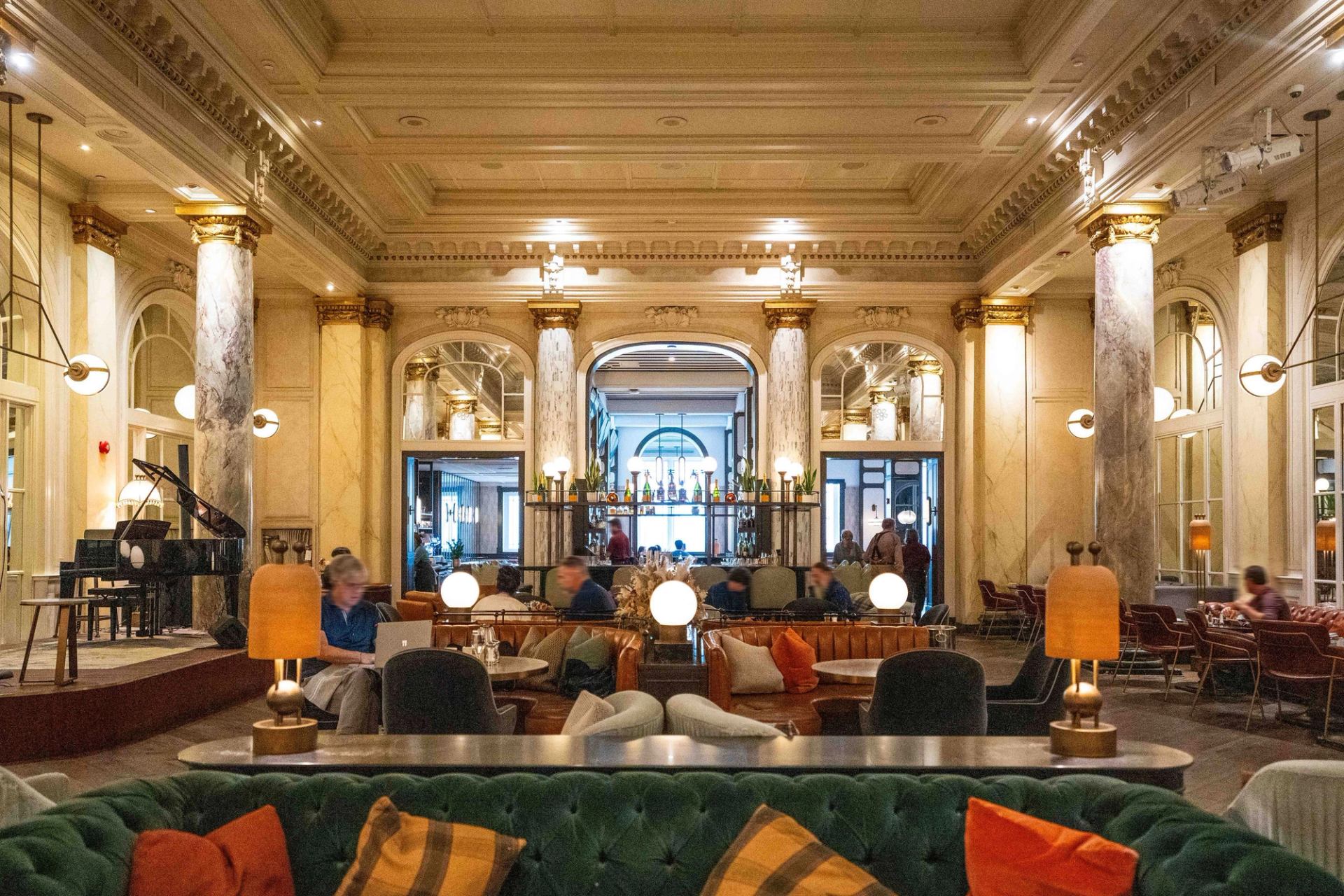 Interior of the lobby and waiting area in the Fairmont Palliser Hotel.