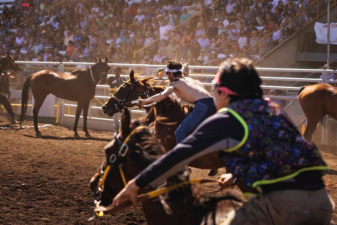 Two riders thunder toward the exchange zone, where teammates stand ready.