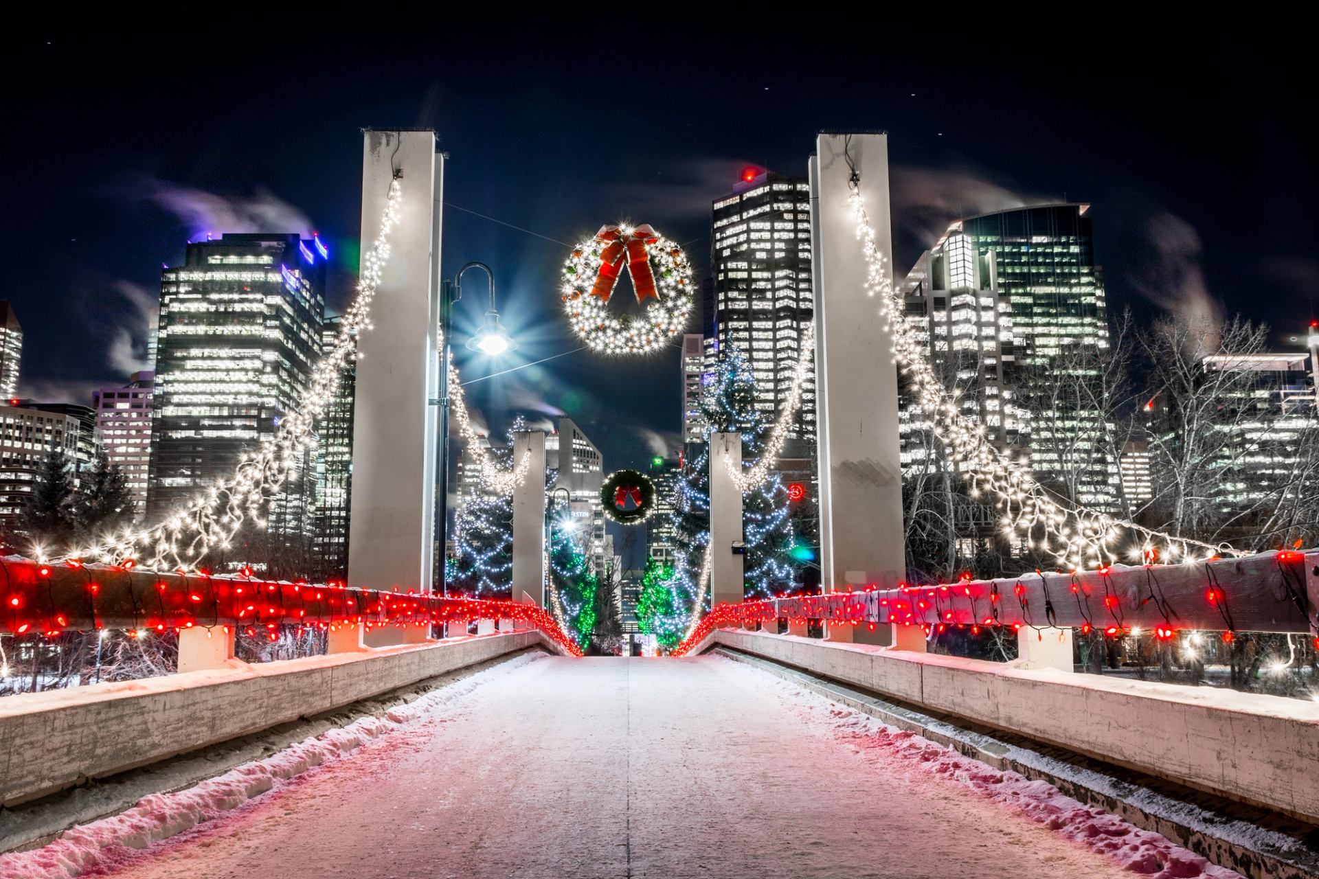 The Jaipur Bridge in Calgary decorated with Christmas lights for the holidays