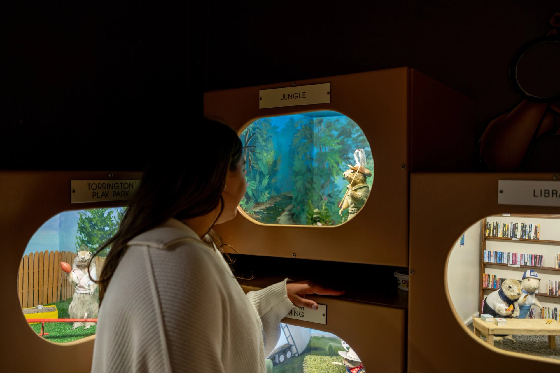 A visitor looking at one of the Gopher Hole Museum displays.