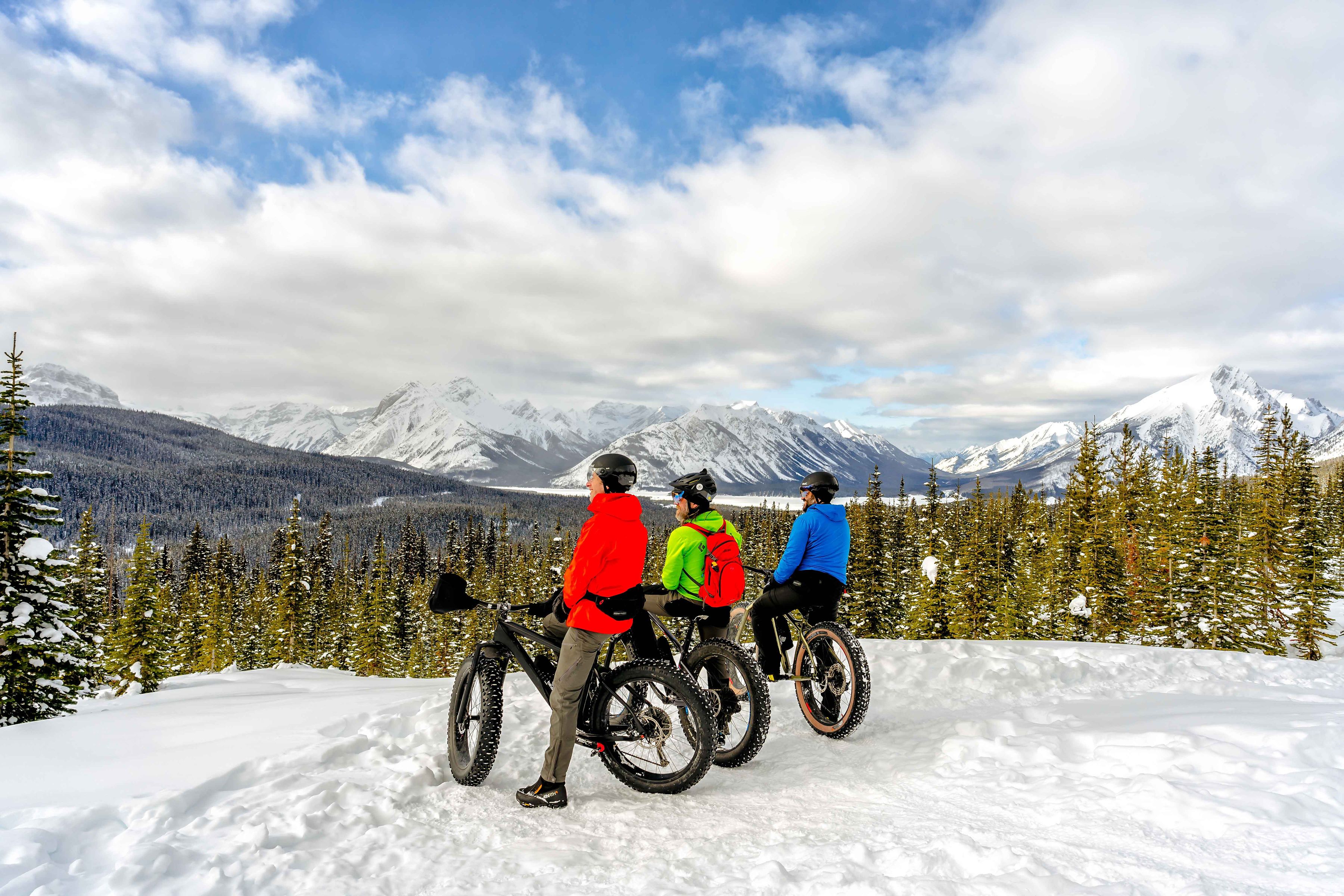 A group of fatbikers pausing to look at mountain views while fatbiking in Kananaskis Country
