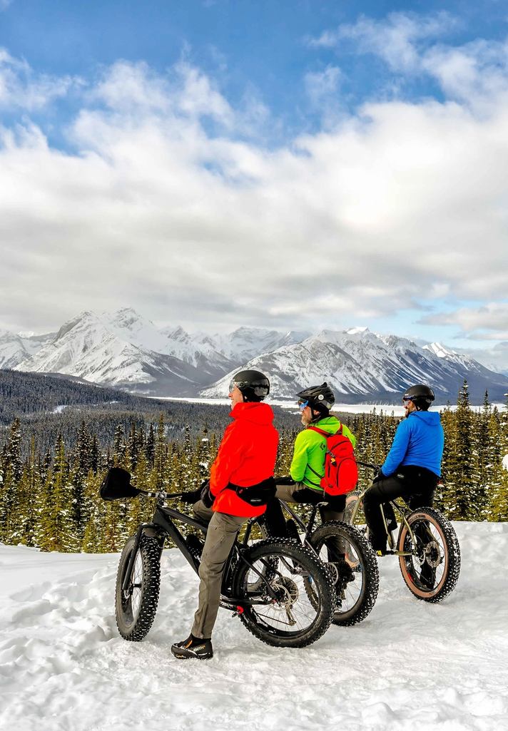 A group of fatbikers pausing to look at mountain views while fatbiking in Kananaskis Country