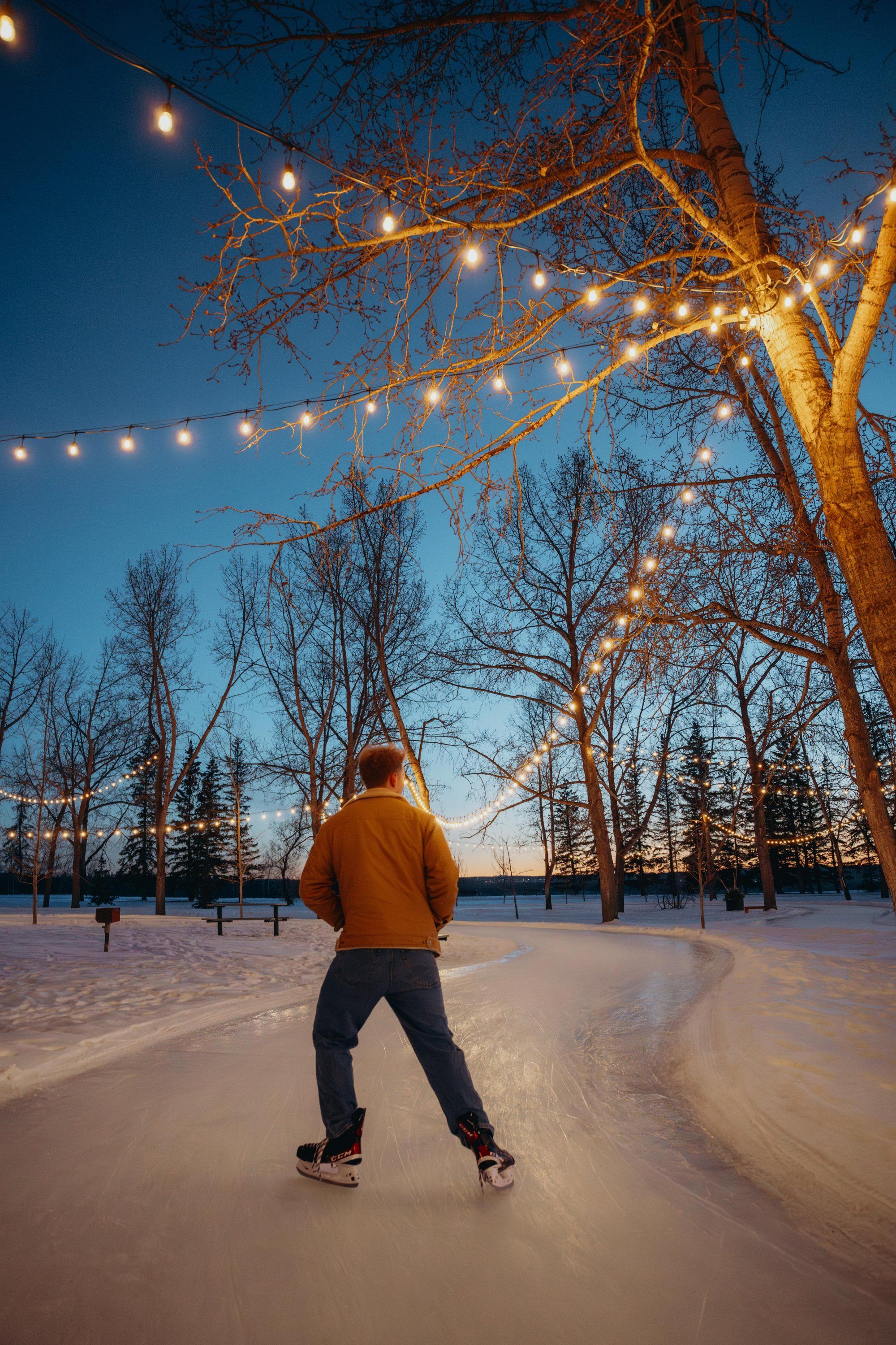 At night, a skater skates an ice trail lit by strings of light between trees.