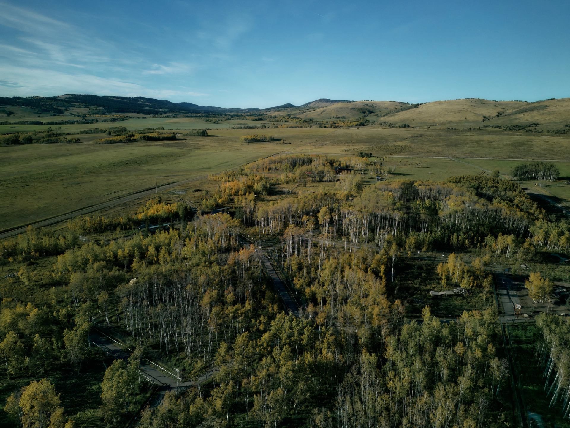 An aerial view of Yamnuska Wolfdog Sanctuary and the surrounding areas.