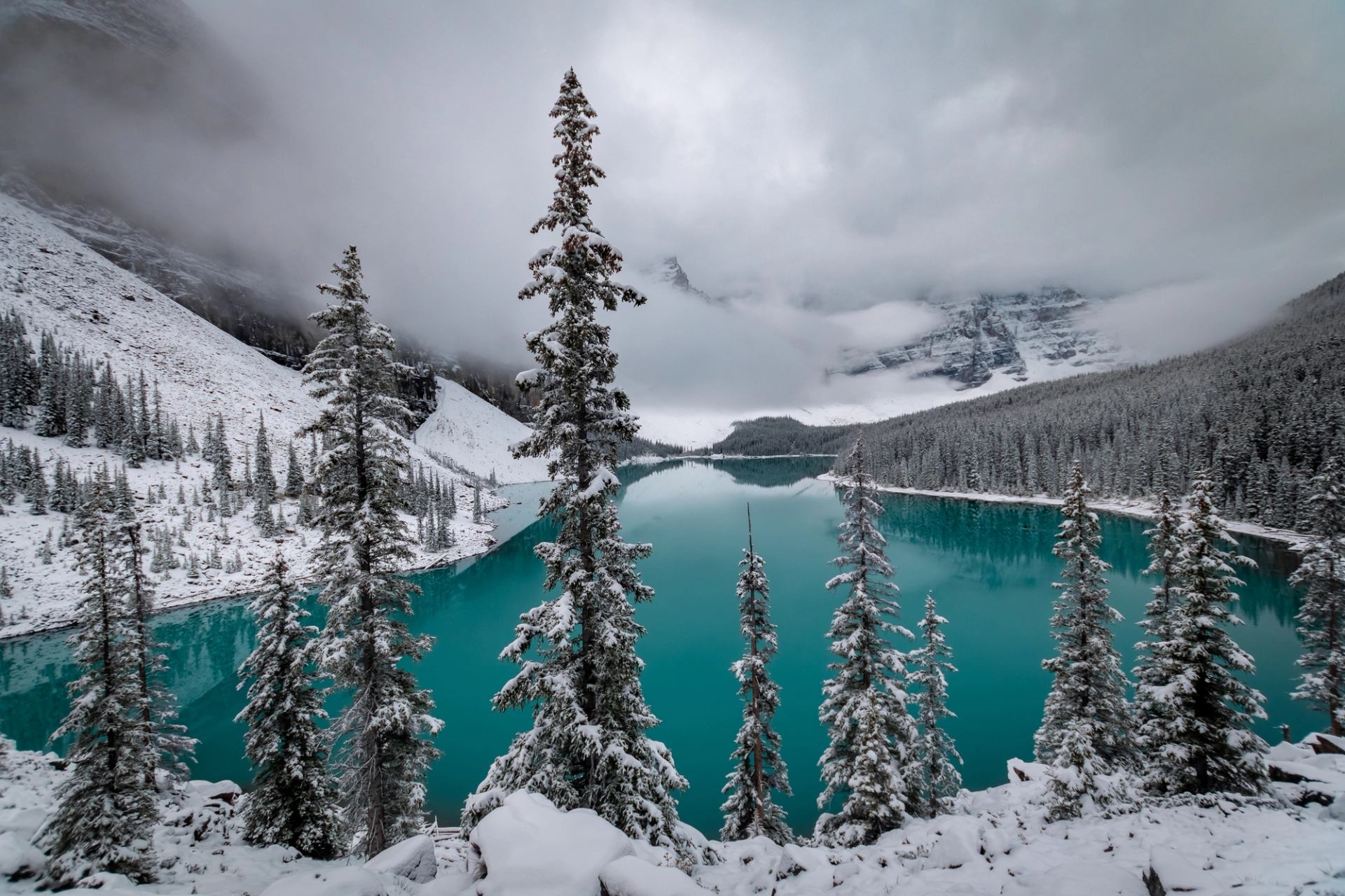 Scenic winter shot of Moraine Lake and snow covered trees surrounded by mountains.